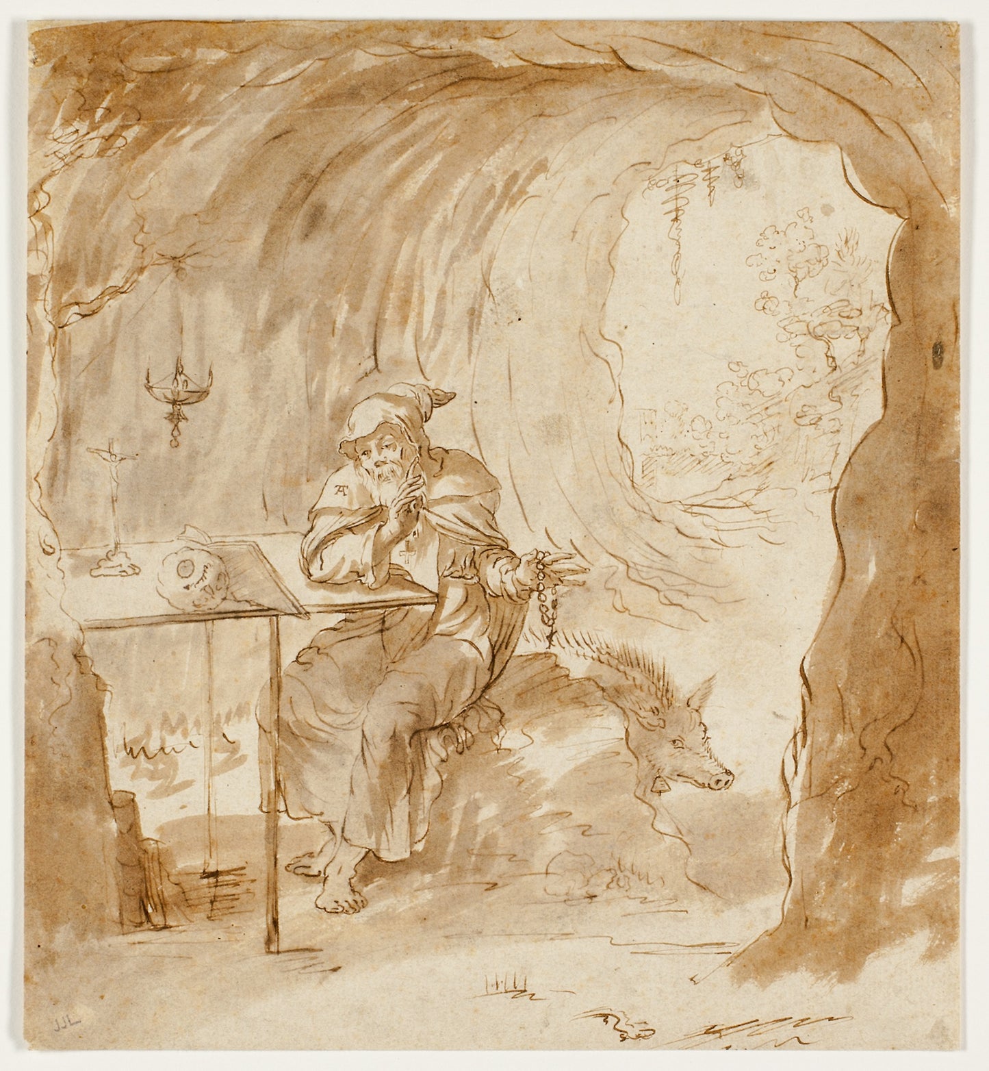 St. Anthony with the Boar - formerly attributed to Antonio Tempesta, Poster Print Wall Art