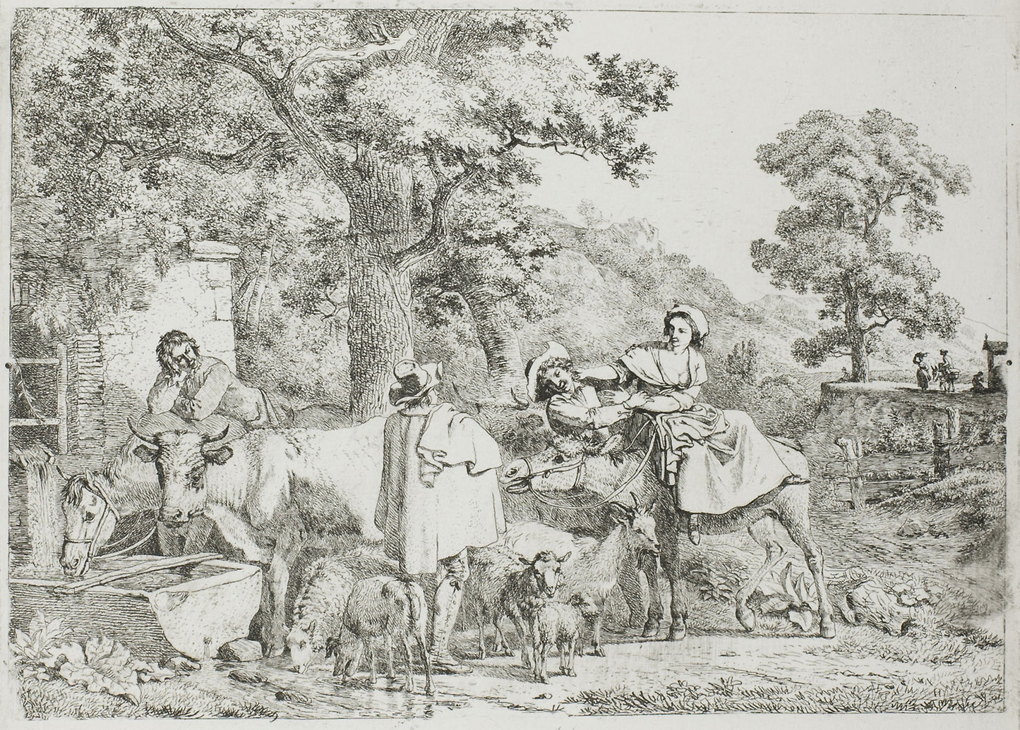 Cow and Horse at the Trough - Jean Louis Demarne, Poster Print Wall Art