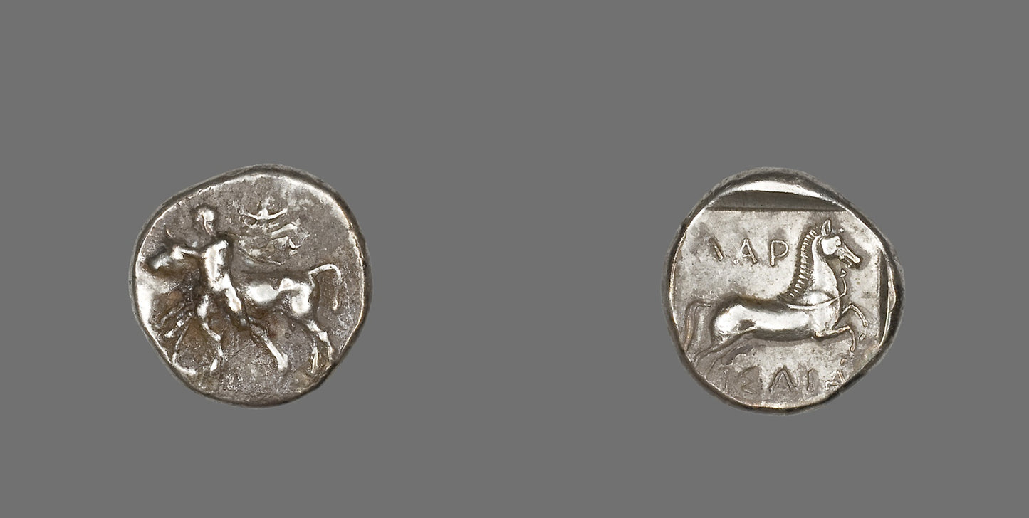 Drachm (Coin) Depicting Thessalos Holding a Bull - Greek, Poster Print Wall Art