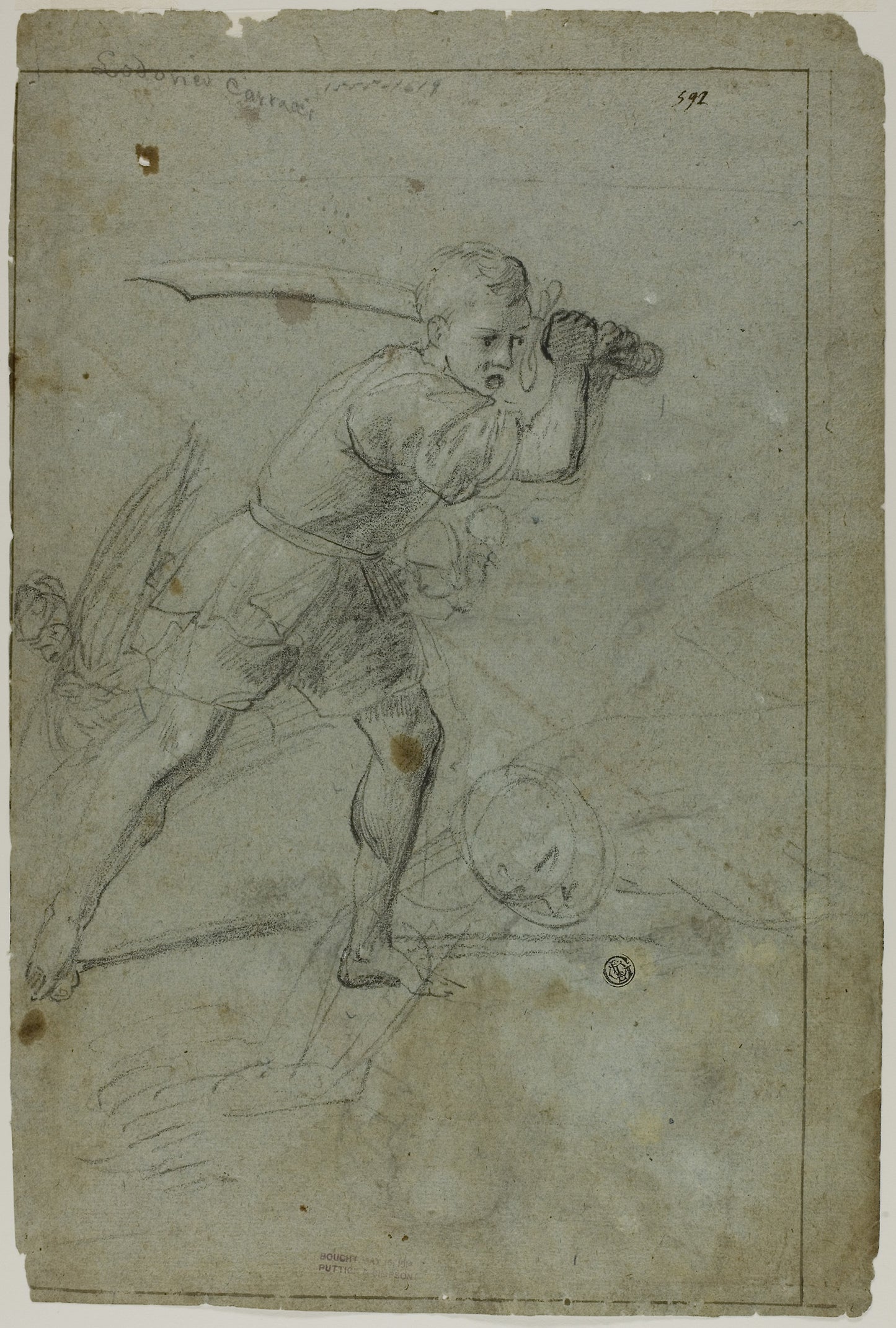 David Beheading Goliath (recto); Sketch of Draped Female Figure with Right Arm Raised Above Head (verso) - Probably Domenico Fiasella (Italian, 1589-1669), Poster Print Wall Art