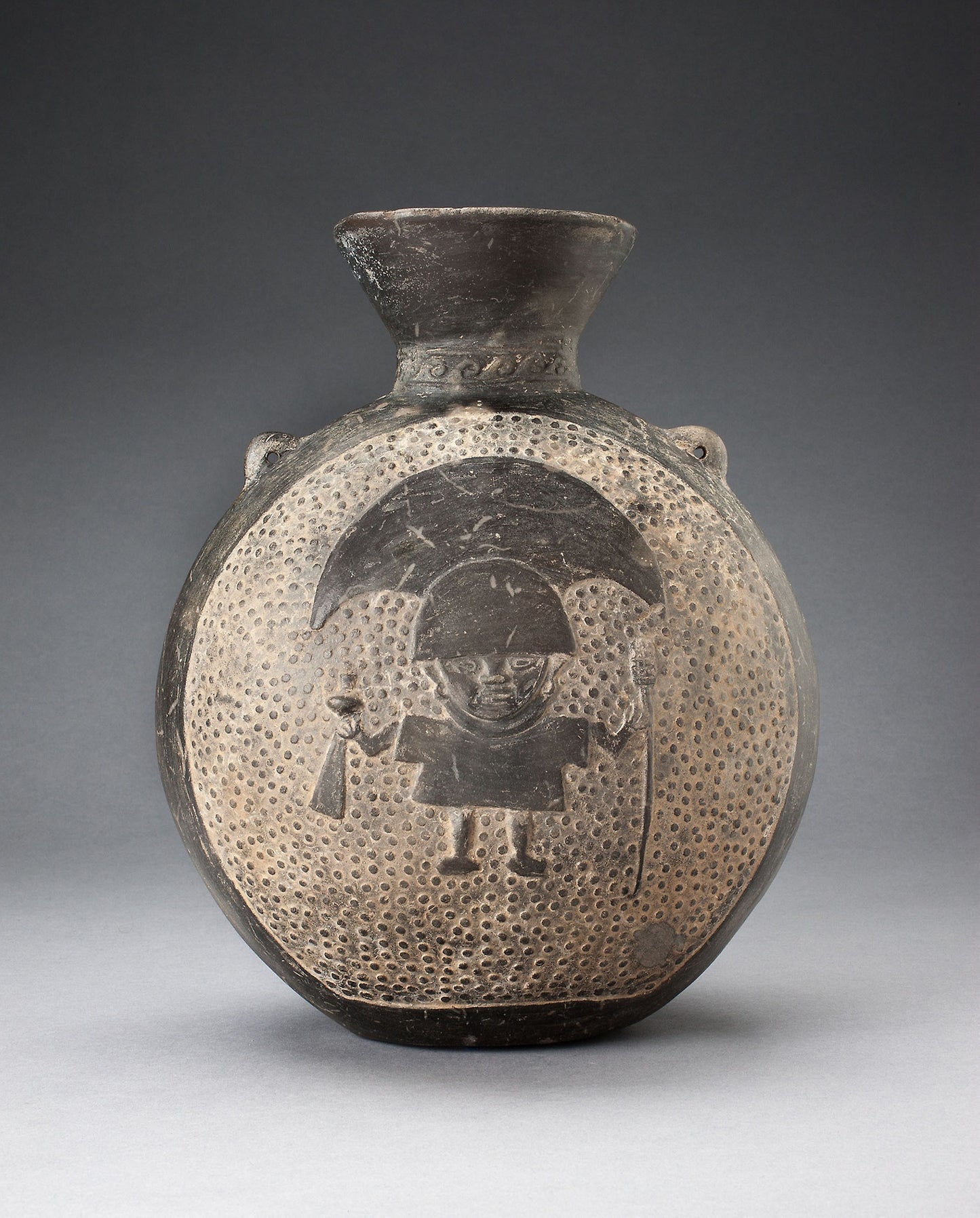 Jar with Relief of Standing Figure with Crescent Headdress, Holding Ritual Objects - Chimú, Poster Print Wall Art