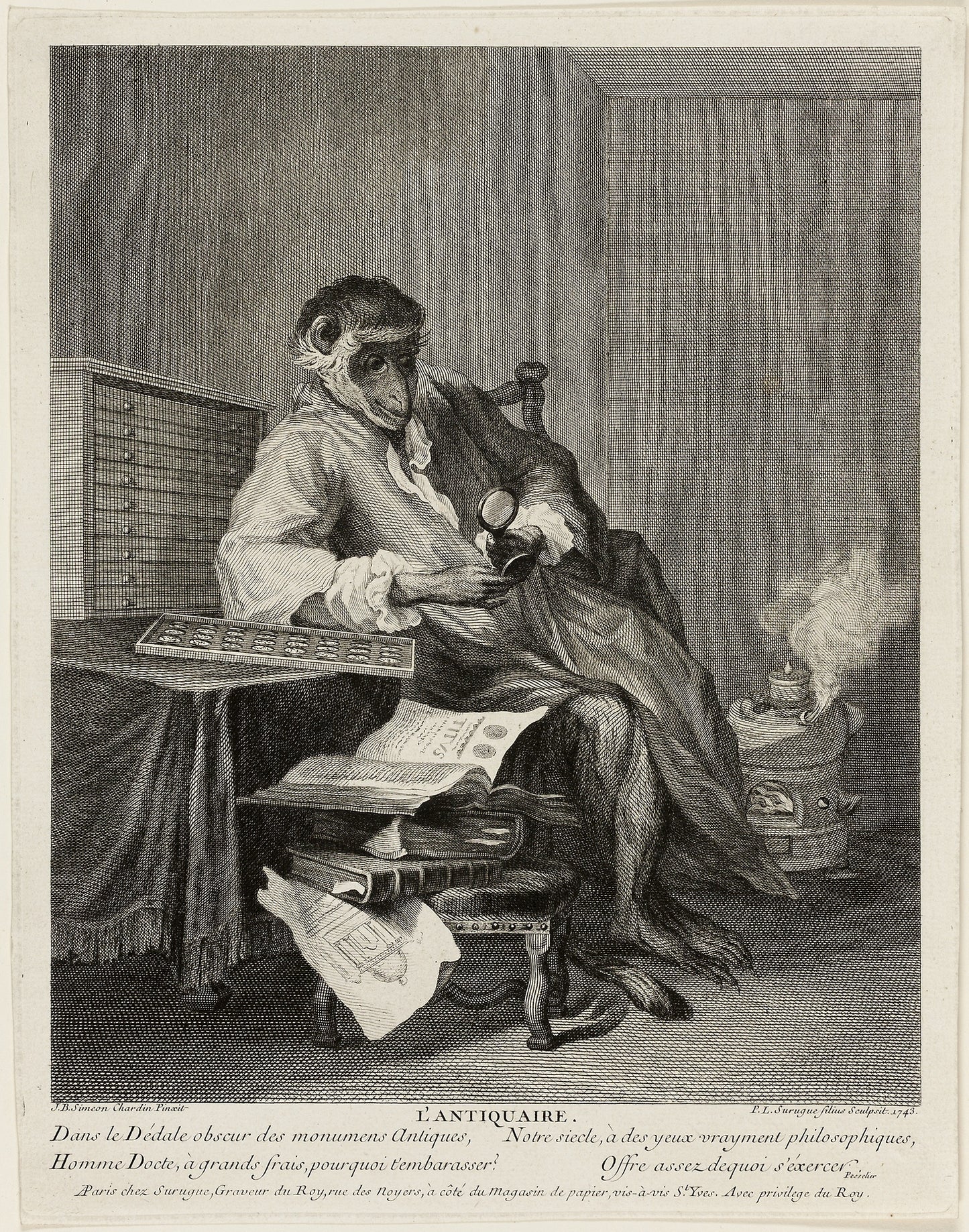 The Monkey Antiquarian - Pierre-Louis de Surugue (French, 1716–1772), Poster Print Wall Art