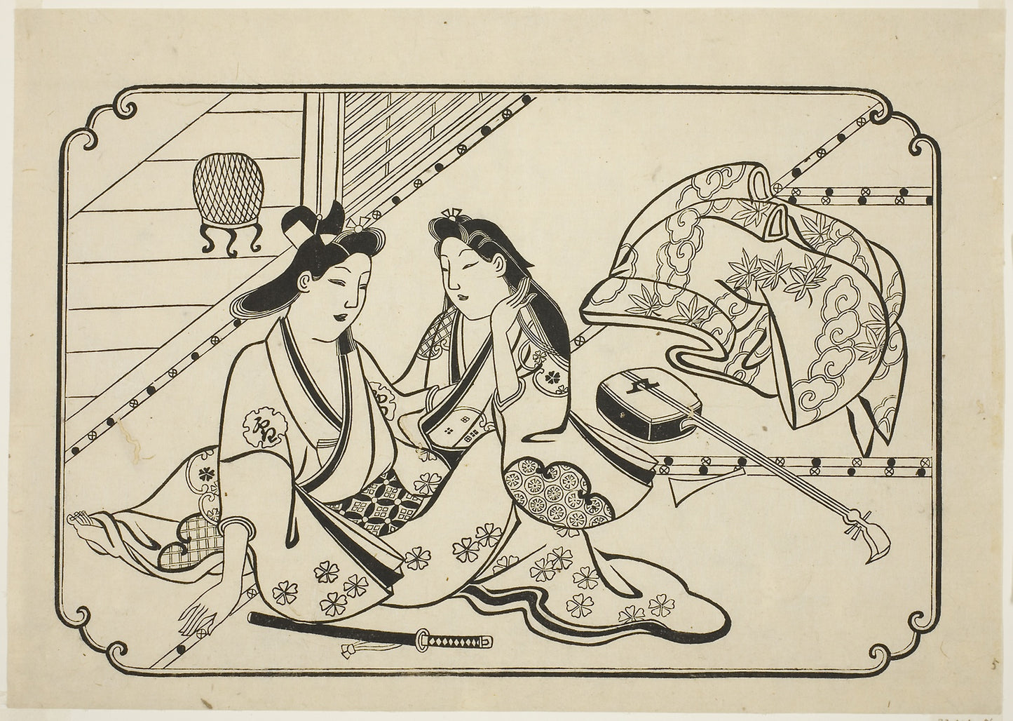 After a little music, from an untitled series of 12 erotic prints - Attributed to Hishikawa Moronobu, Poster Print Wall Art