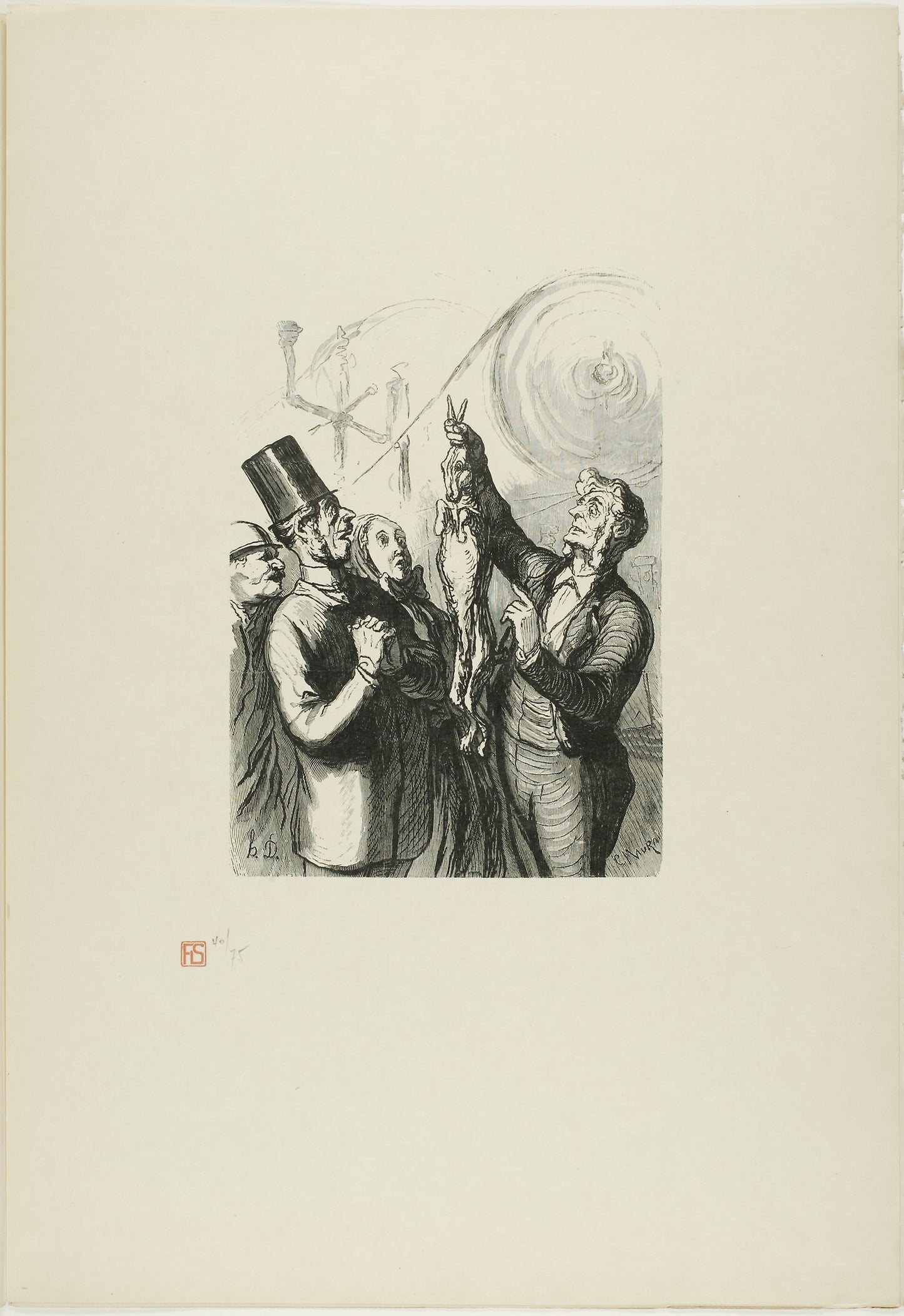 At the Universal Exhibition - The producer of felt hats. Here you can see a live rabbit, which I will dump into the machine like that….. - Charles Maurand (French, 19th century), Poster Print Wall Art