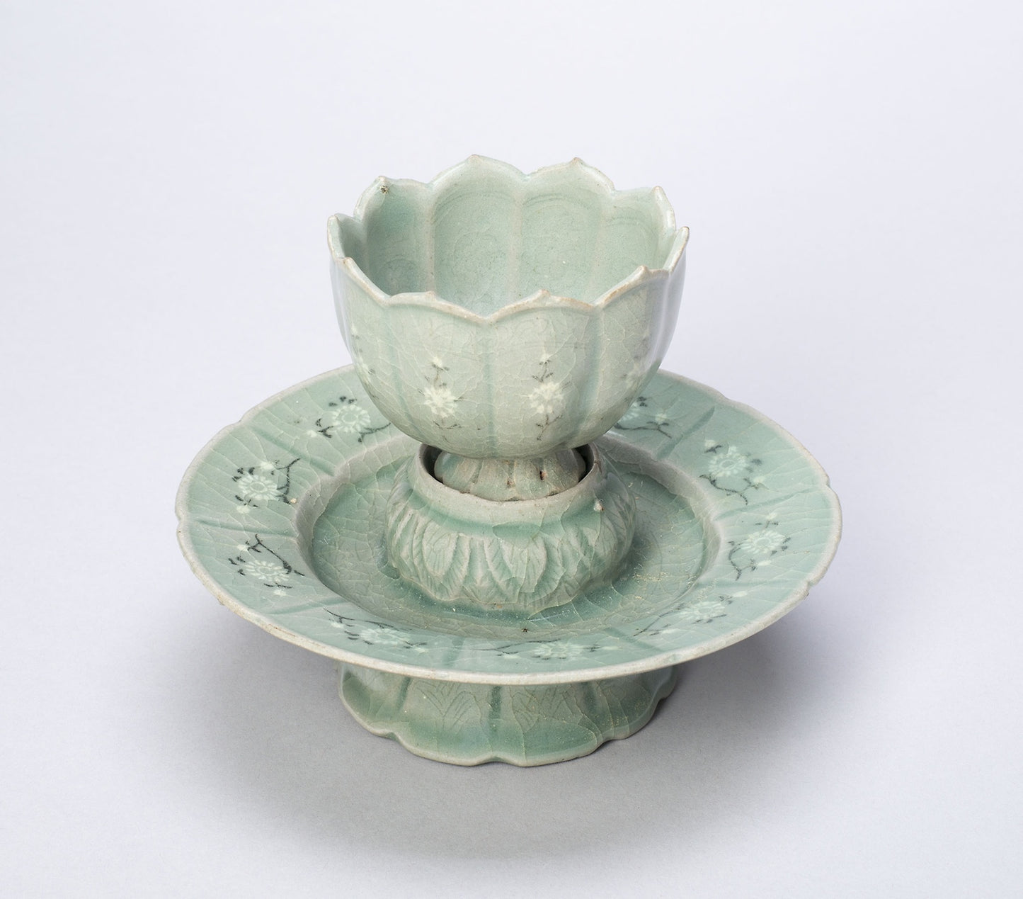 Lobed Cup and Stand with Chrysanthemum Flower Heads, Floral Sprays, and Fish Amid Waves - Korean, Poster Print Wall Art