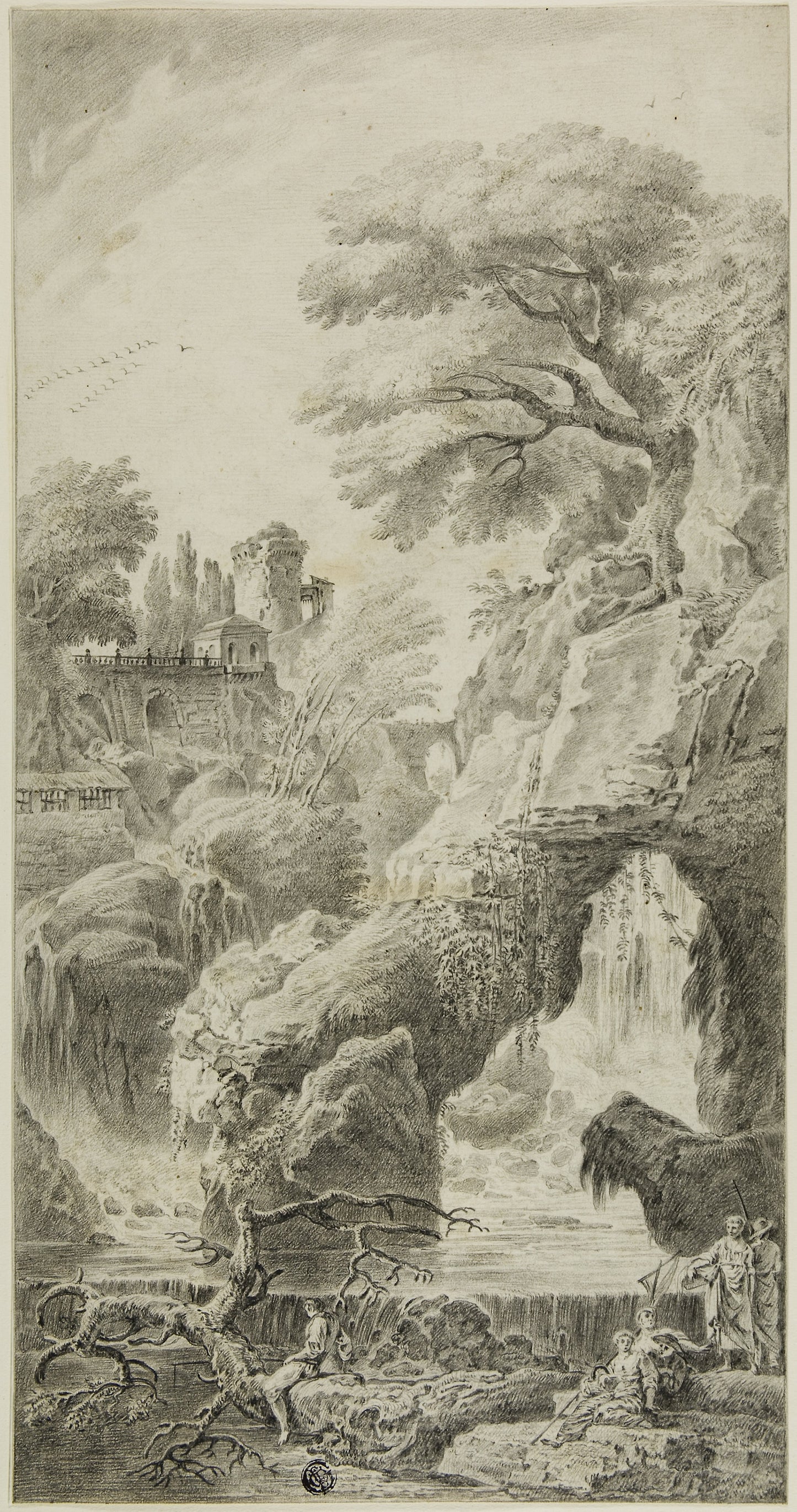 Figures in a Rocky Landscape with Waterfall - Attributed to Johann Samuel Bach, Poster Print Wall Art