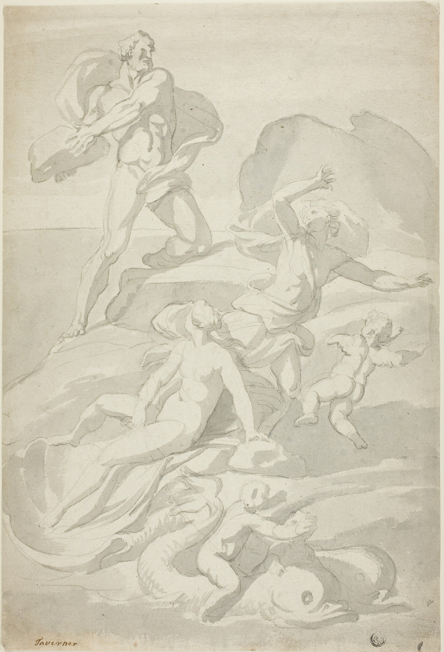 Polyphemus Throwing Boulder at Acis, with Galatea (recto), and Pholyphemus Lifting Boulder (verso) - John William Taverner, Poster Print Wall Art