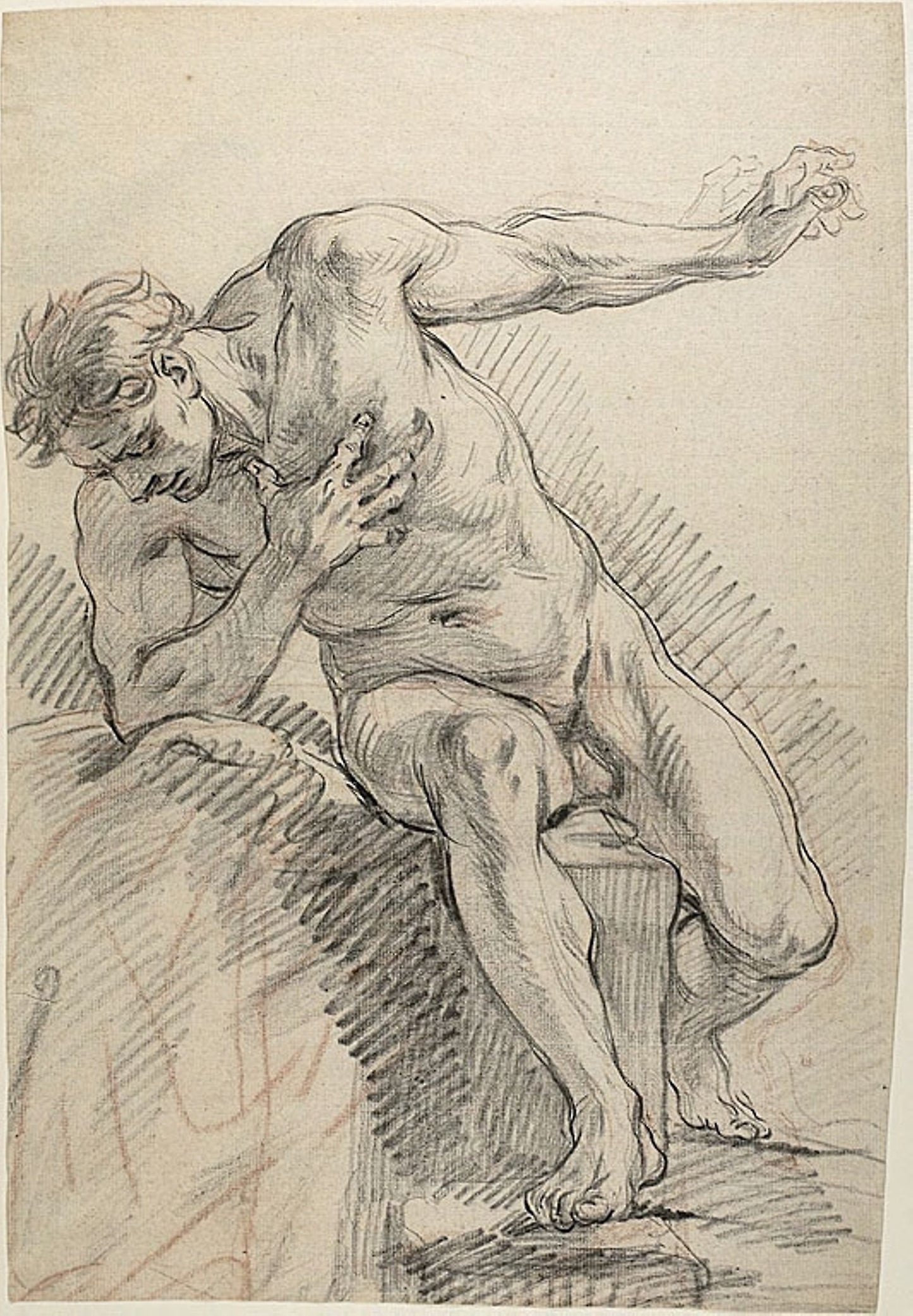 Sketch of a Male Nude Leaning on Right Elbow (recto) - Attributed to Charles-Antoine Coypel, Poster Print Wall Art