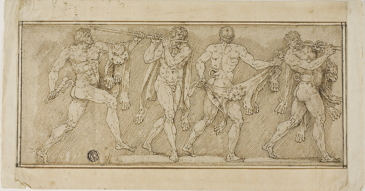 Frieze of Satyrs Wearing Lion Skins and Playing Pipes - Possibly Lambert Lombard (Flemish, 1506-1566), Poster Print Wall Art
