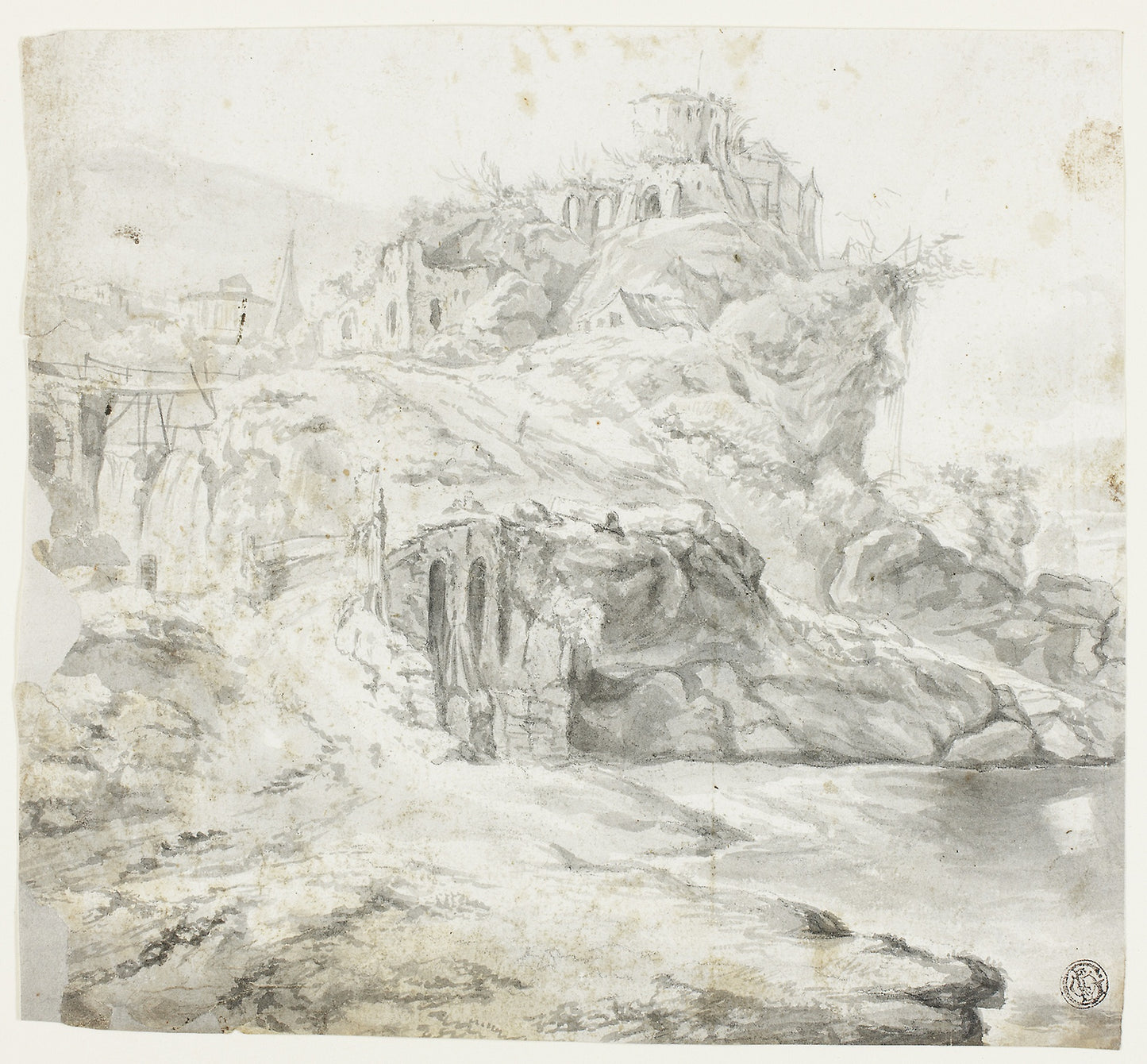 Rocky Promontory with Ruins and Cascades (recto); Sketch of Cliff with Buildings (verso) - Attributed to Giles Edme Petit, Poster Print Wall Art