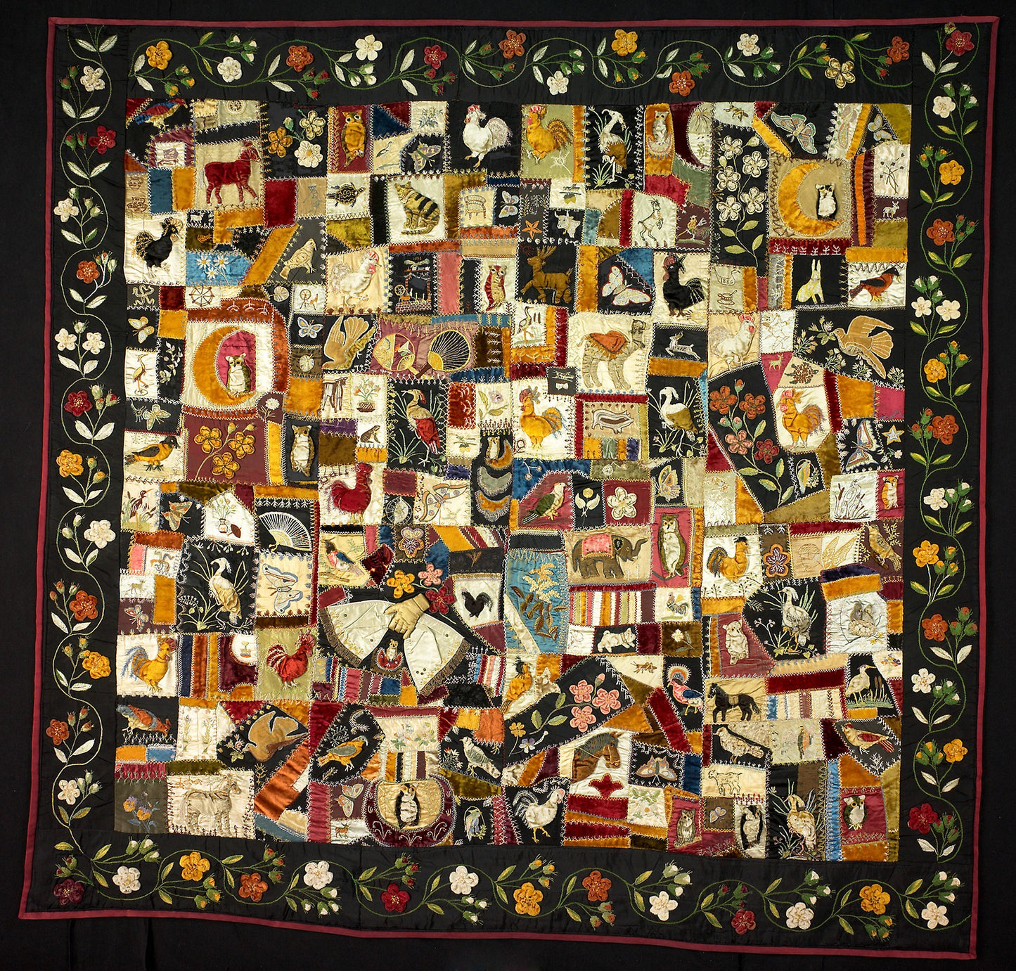 Crazy Quilt with Animals - Designed and executed - Florence Elizabeth Marvin, Poster Print Wall Art