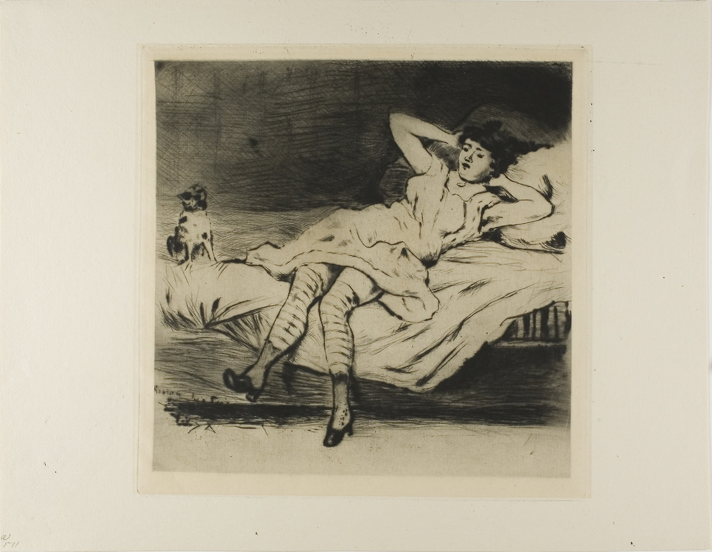 Plate from l'Assommoir (dancer reclining on bed, with cat) - Gaston La Touche, Poster Print Wall Art