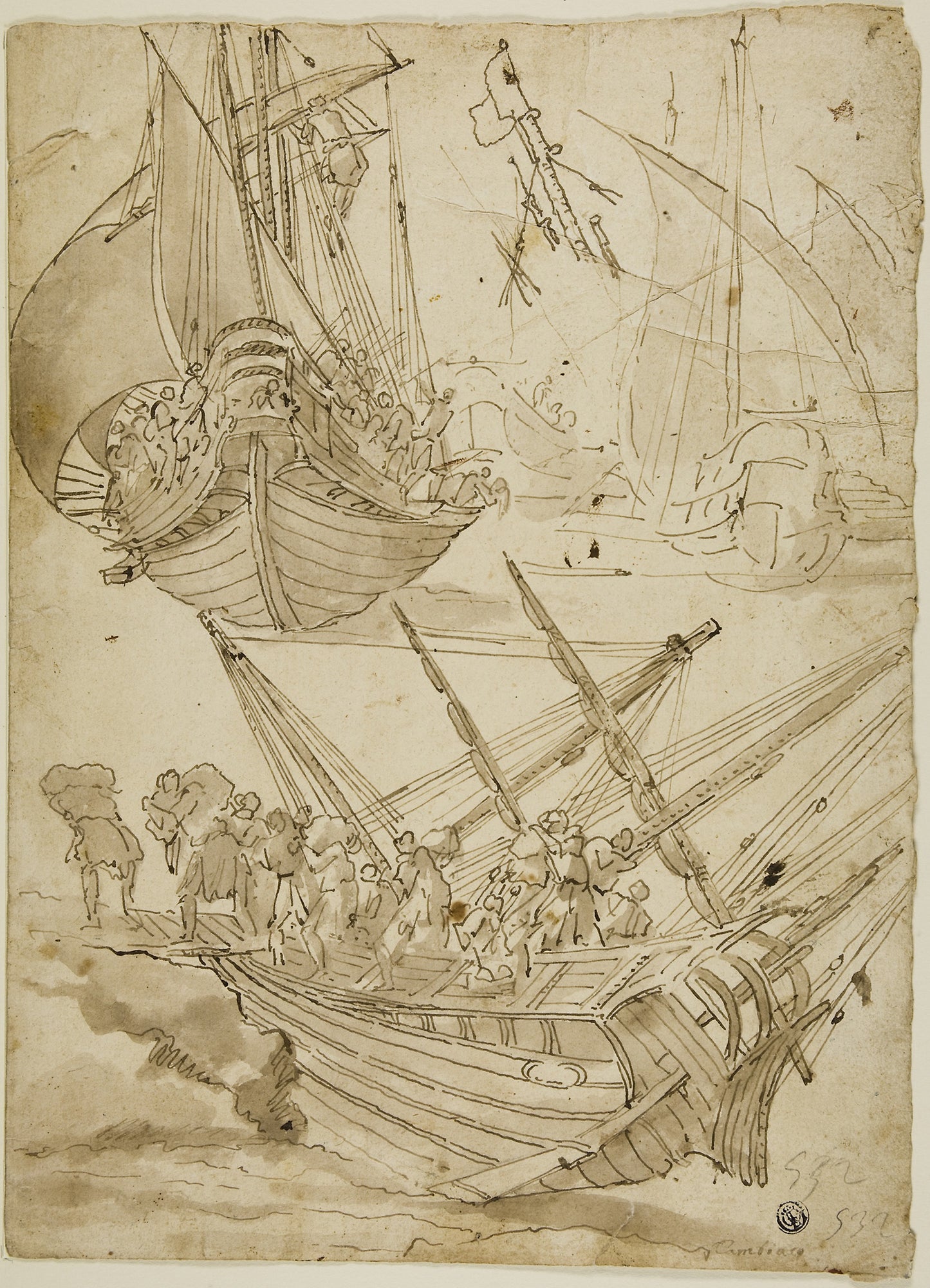 Crew Abandoning Ship (recto) Sketches of Corinthian Columns (verso) - Lazzaro Tavarone, Poster Print Wall Art