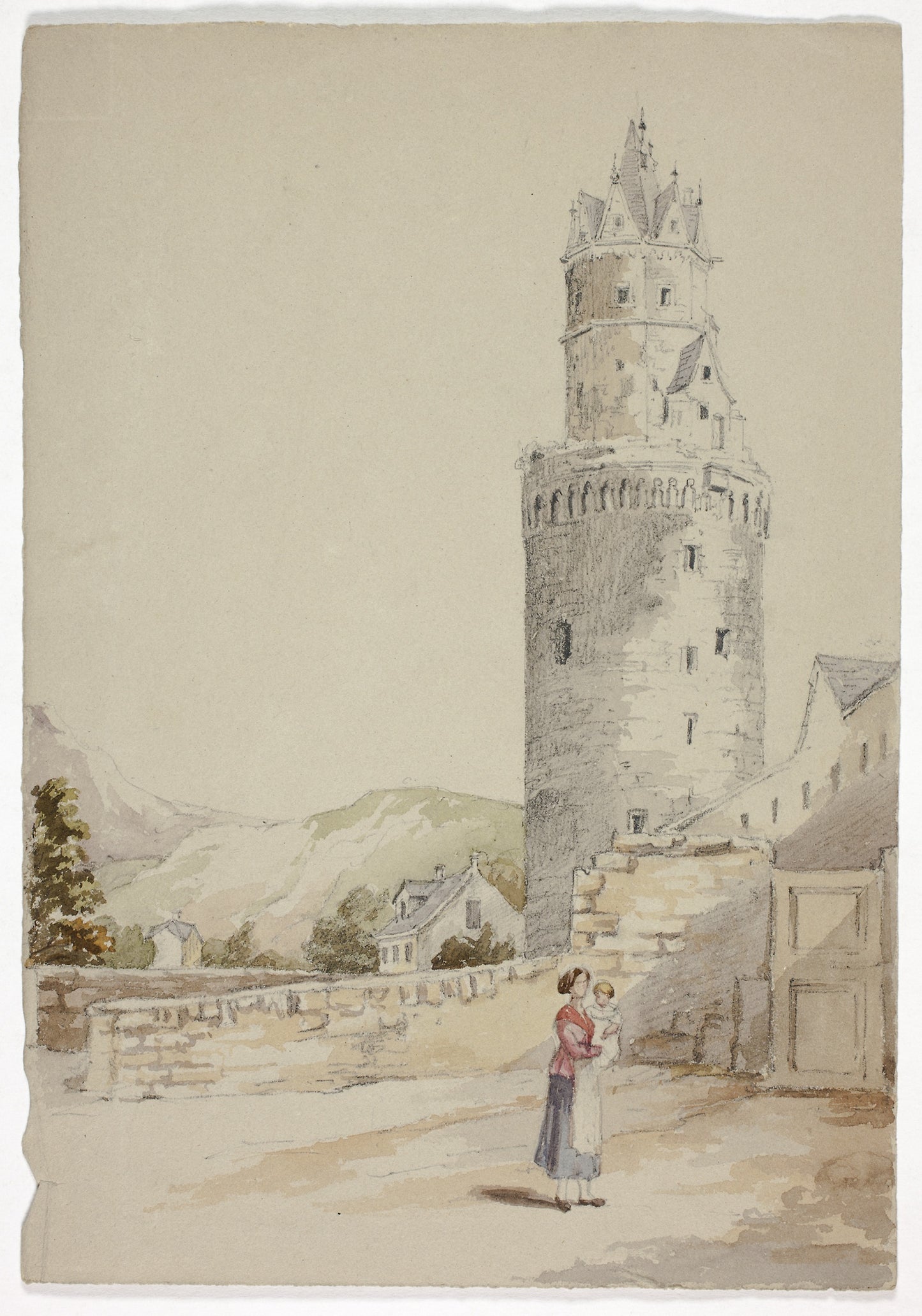Woman and Child before Walled Town with Tower - Elizabeth Murray, Poster Print Wall Art