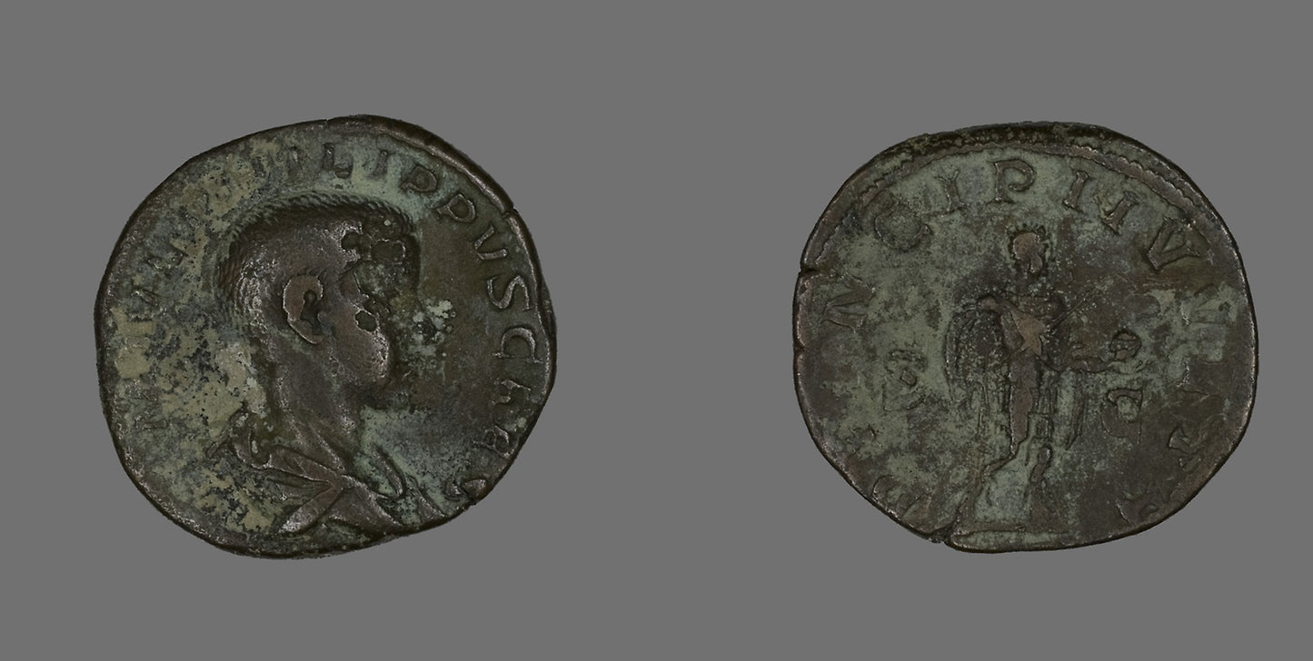 Sestertius (Coin) Portraying King Philip II - Roman, minted in Rome, Poster Print Wall Art
