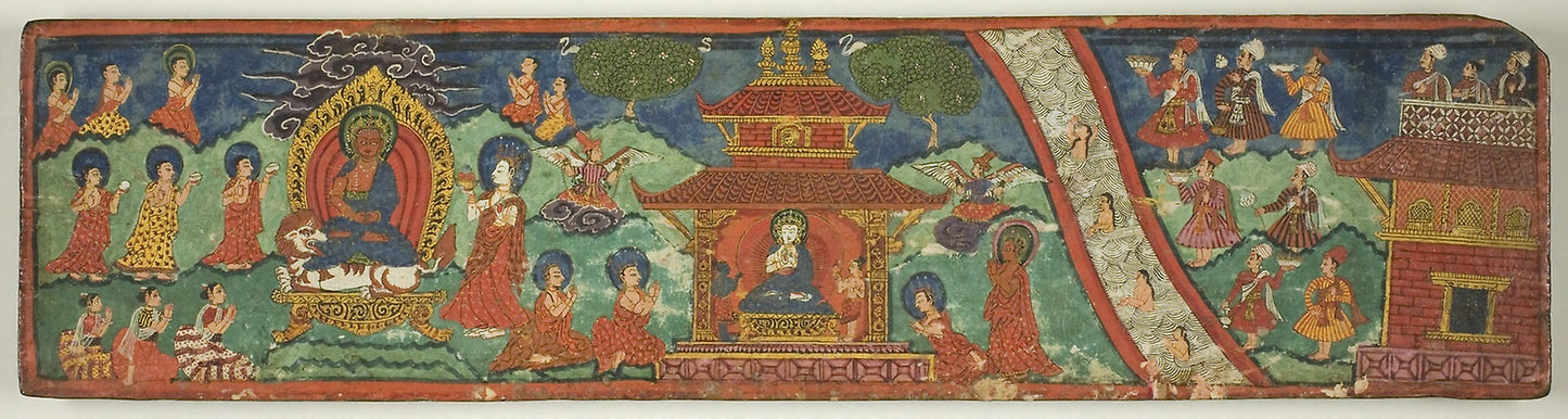 Book Cover from a Charms (Dharani) Manuscript Depicting Two Buddhist Shrines Visited - Monks and Laymen - Nepal, Poster Print Wall Art