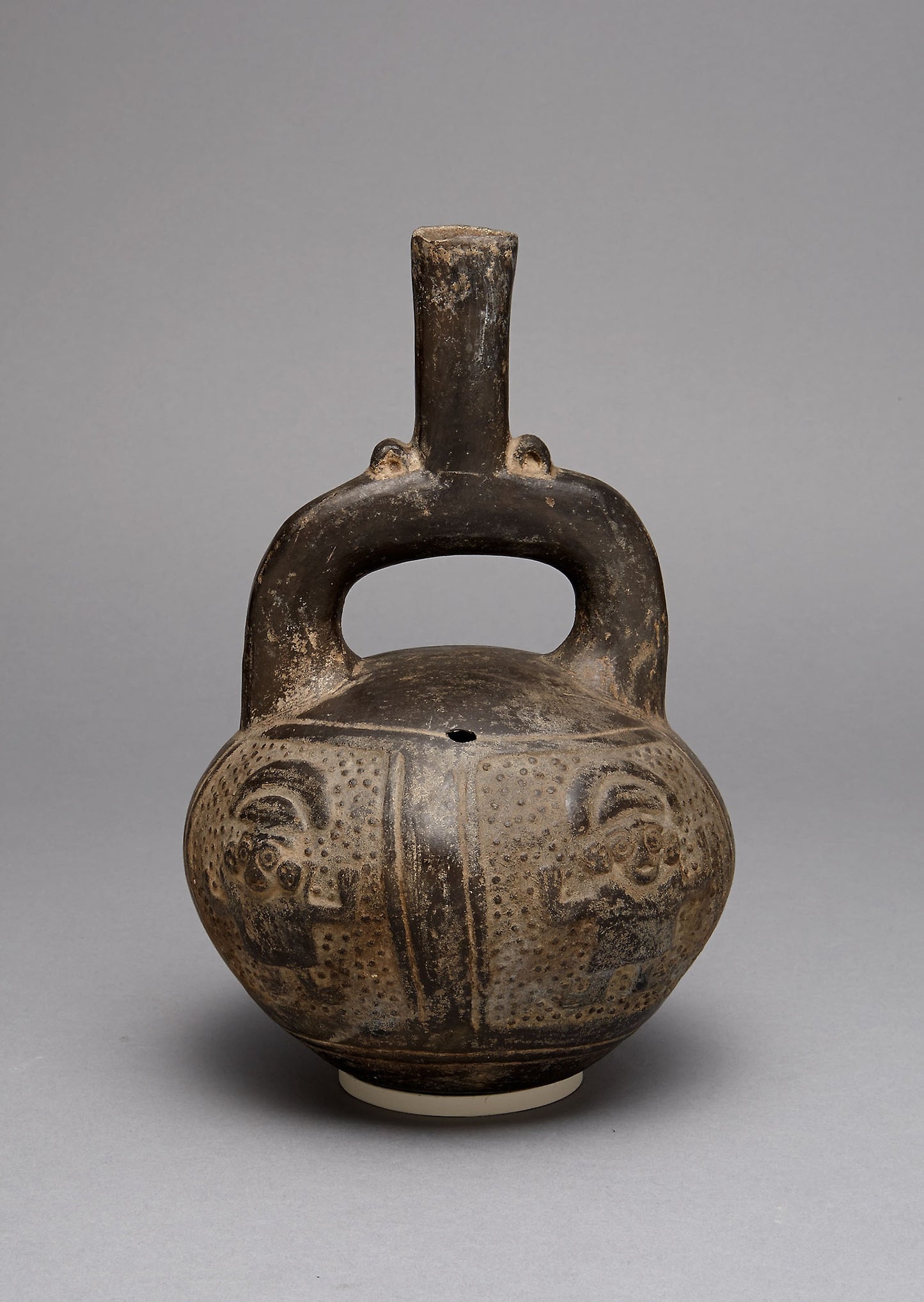 Blackware Stirrup Spout Vessel with a Relief Depicting Warriors with Raised Arms - Chimú, Poster Print Wall Art