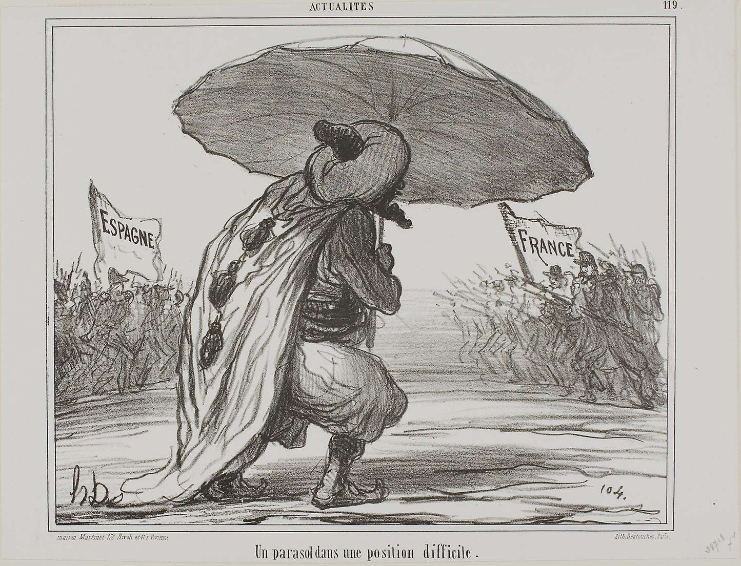 An Umbrella in a Difficult Position, plate 119 from Actualités - Honoré Victorin Daumier, Poster Print Wall Art