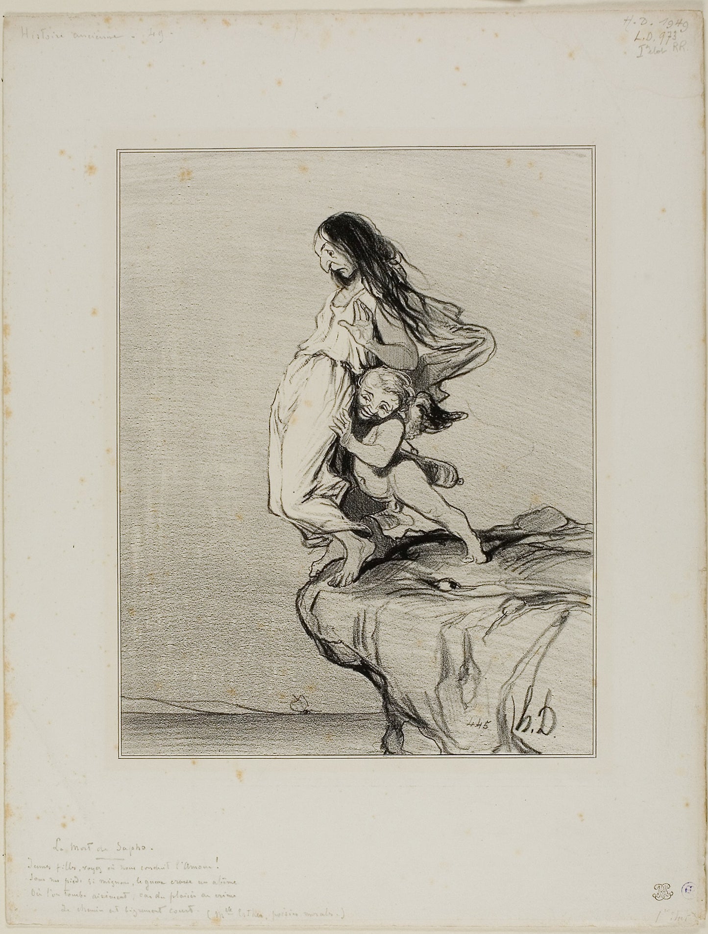 Sappho's Death. “Young ladies, you see where love leads us Under our feet so dainty and small The wretched chasm of an abyss Into which we eventually fall,” plate 49 from Histoire Ancienne - Honoré Victorin Daumier, Poster Print Wall Art