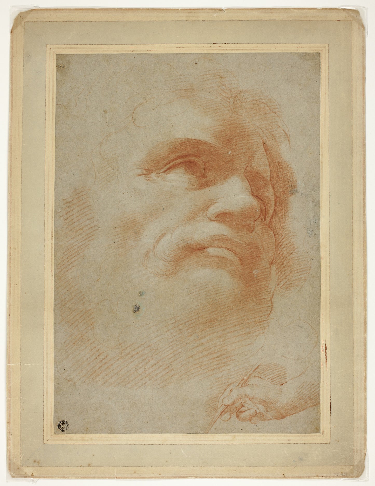 Male Head and Sketch of Right Hand Holding Stylus - After Antonio Allegri, called Correggio, Poster Print Wall Art