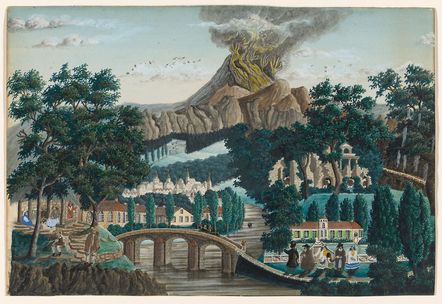 Landscape with Erupting Volcano, Bridge and Wedding Party - Ernst Damitz, Poster Print Wall Art