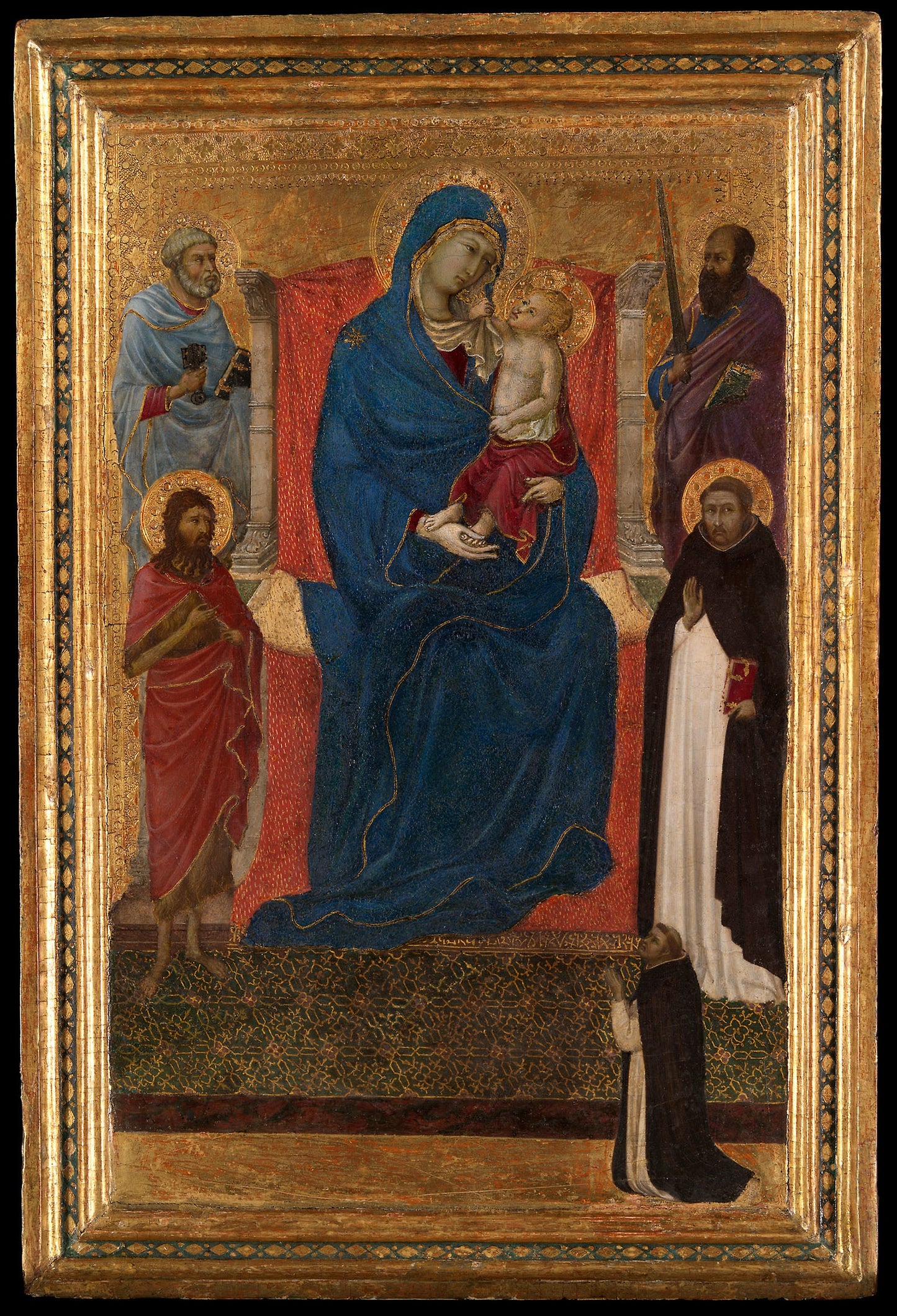 Virgin and Child Enthroned with Saints Peter, Paul, John the Baptist, and Dominic and a Dominican Supplicant - Attributed to Ugolino di Nerio , Poster Print Wall Art