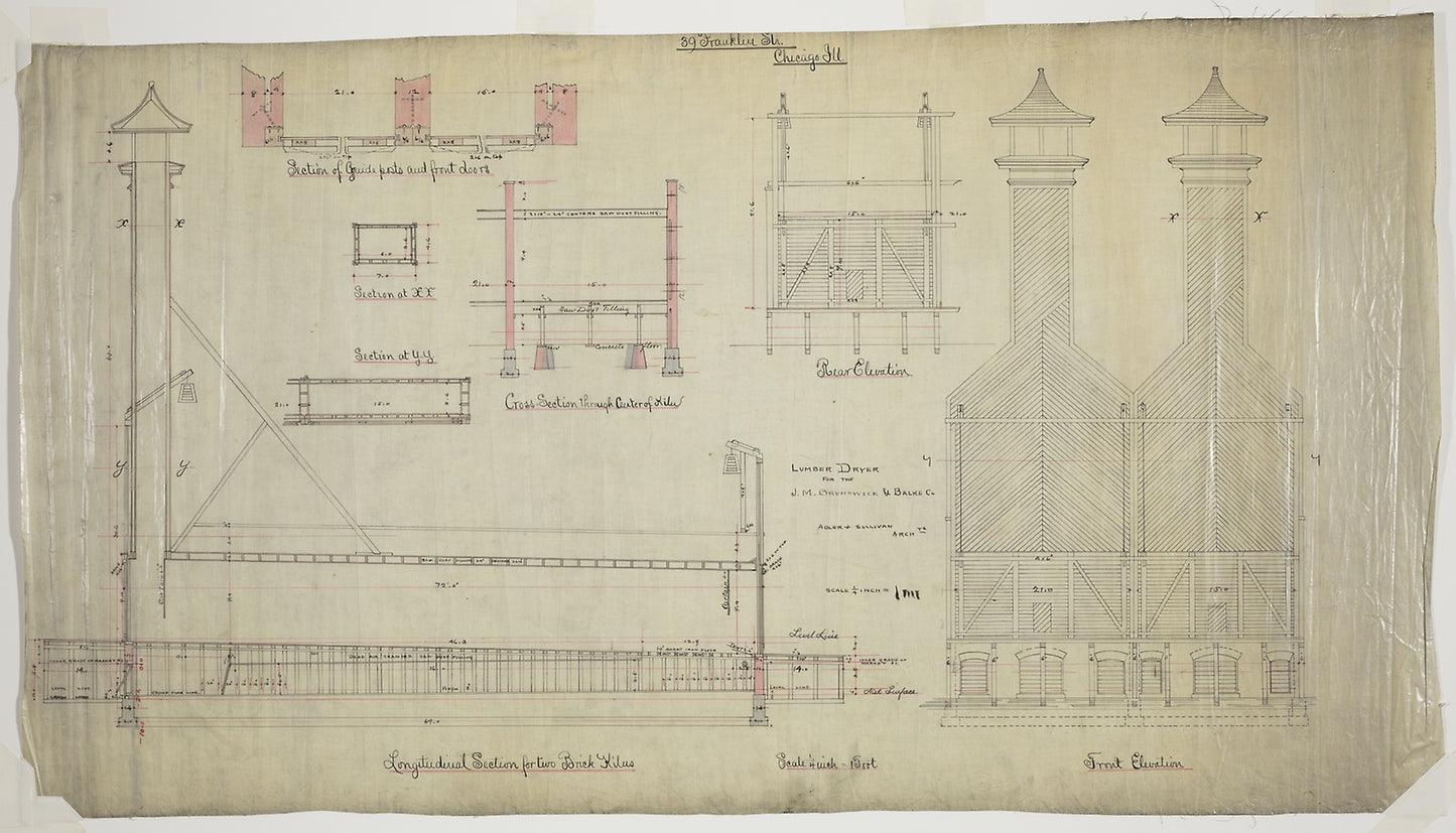 J.M. Brunswick and Balke Company Lumber Dryer, Chicago, Illinois, Elevation and Section: Adler & Sullivan, Poster Print Wall Art