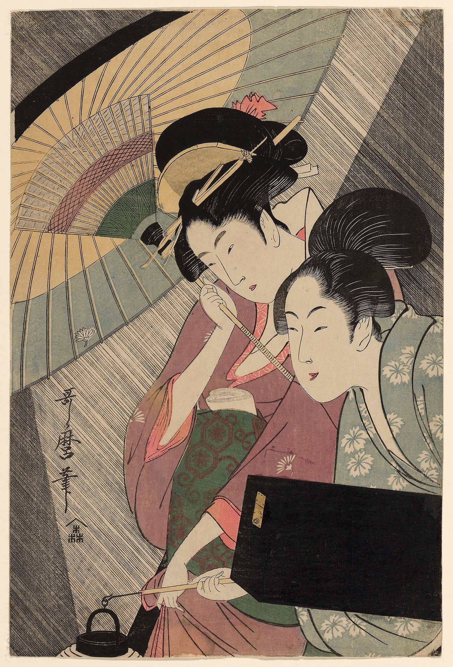 Geisha and Attendant on a Rainy Night - Kitagawa Utamaro ??? ??, Poster Print Wall Art