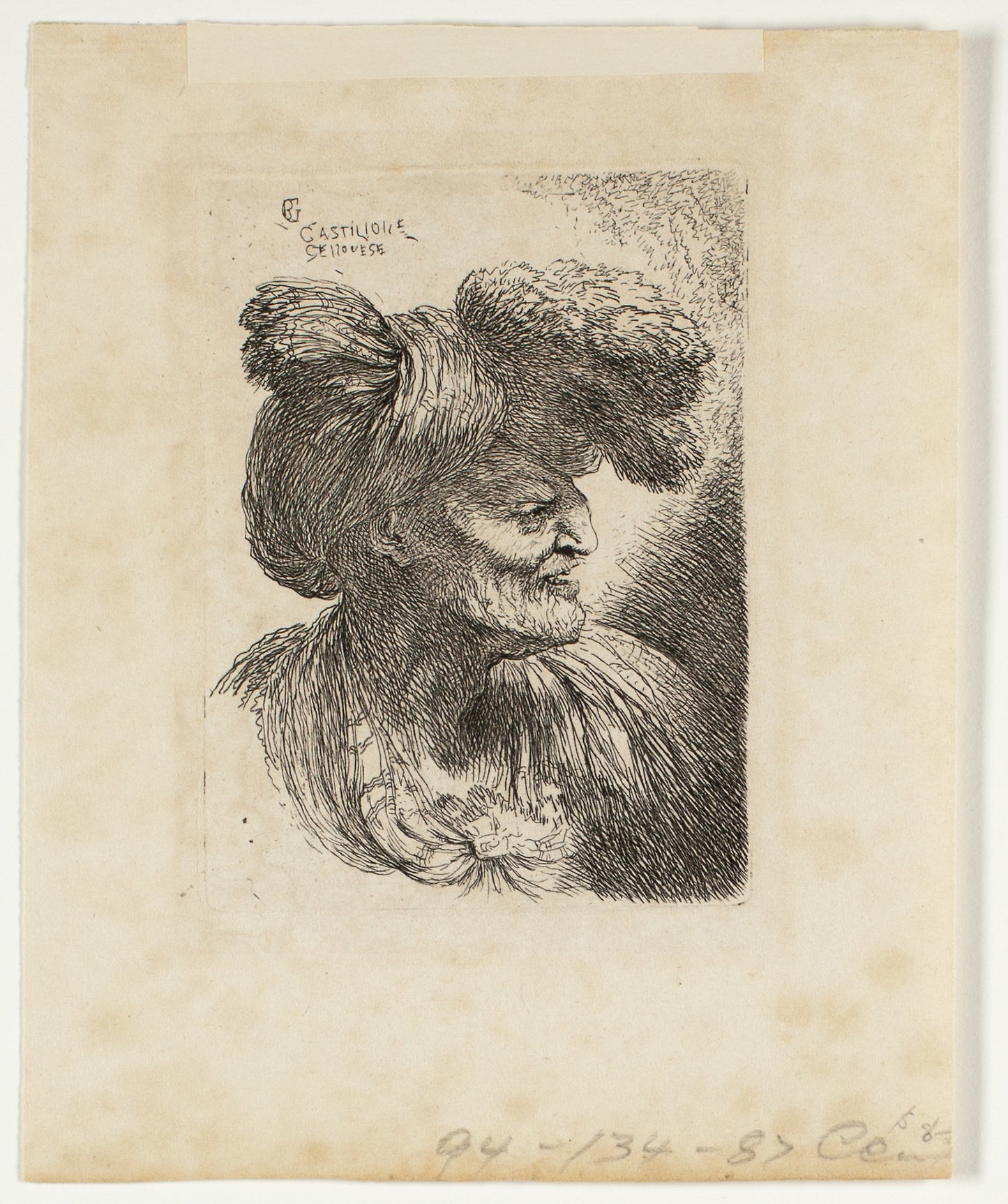 Old Man Wearing a Turban Ornamented with Fur, Facing Right, from Small Studies of Heads in Oriental Headdress - Giovanni Benedetto Castiglione, Poster Print Wall Art