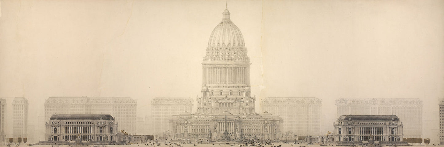 Plate 131 from The Plan of Chicago, 1909 - Chicago. Elevation Showing the Group of Buildings Constituting the Proposed Civic Center. - Daniel Hudson Burnham, American, 1846-1912, Poster Print Wall Art