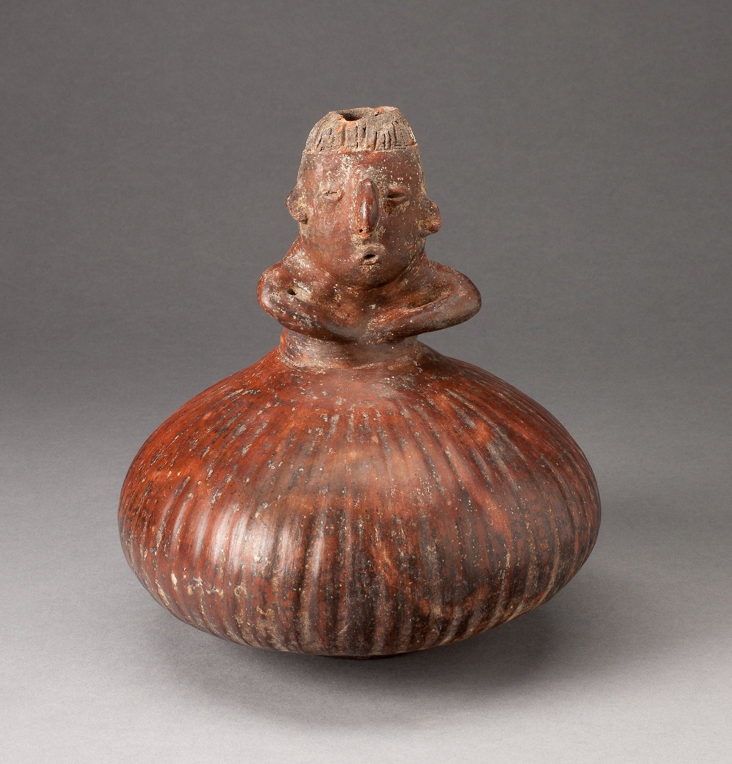 Small Fluted Bottle with Neck in Form of a Figure Holding Arms to Chest - Nayarit, Poster Print Wall Art