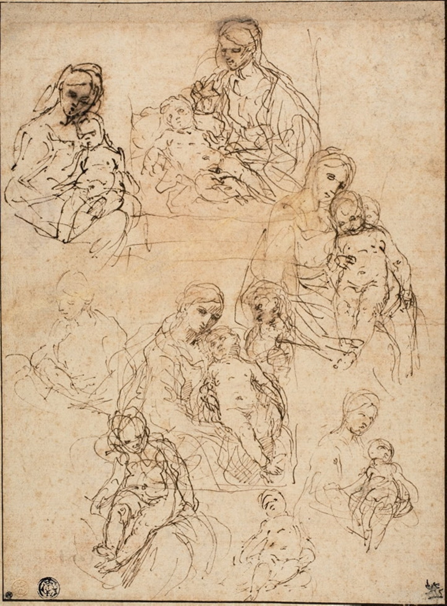 Sketches of the Virgin and Child, and the Holy Family - Simone Cantarini, Poster Print Wall Art