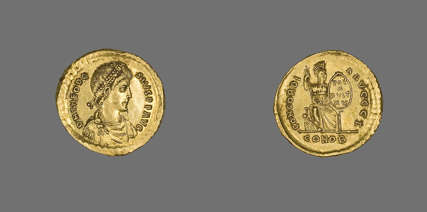 Solidus (Coin) of Emperor Theodosius I - Byzantine, minted in Constantinople, Poster Print Wall Art