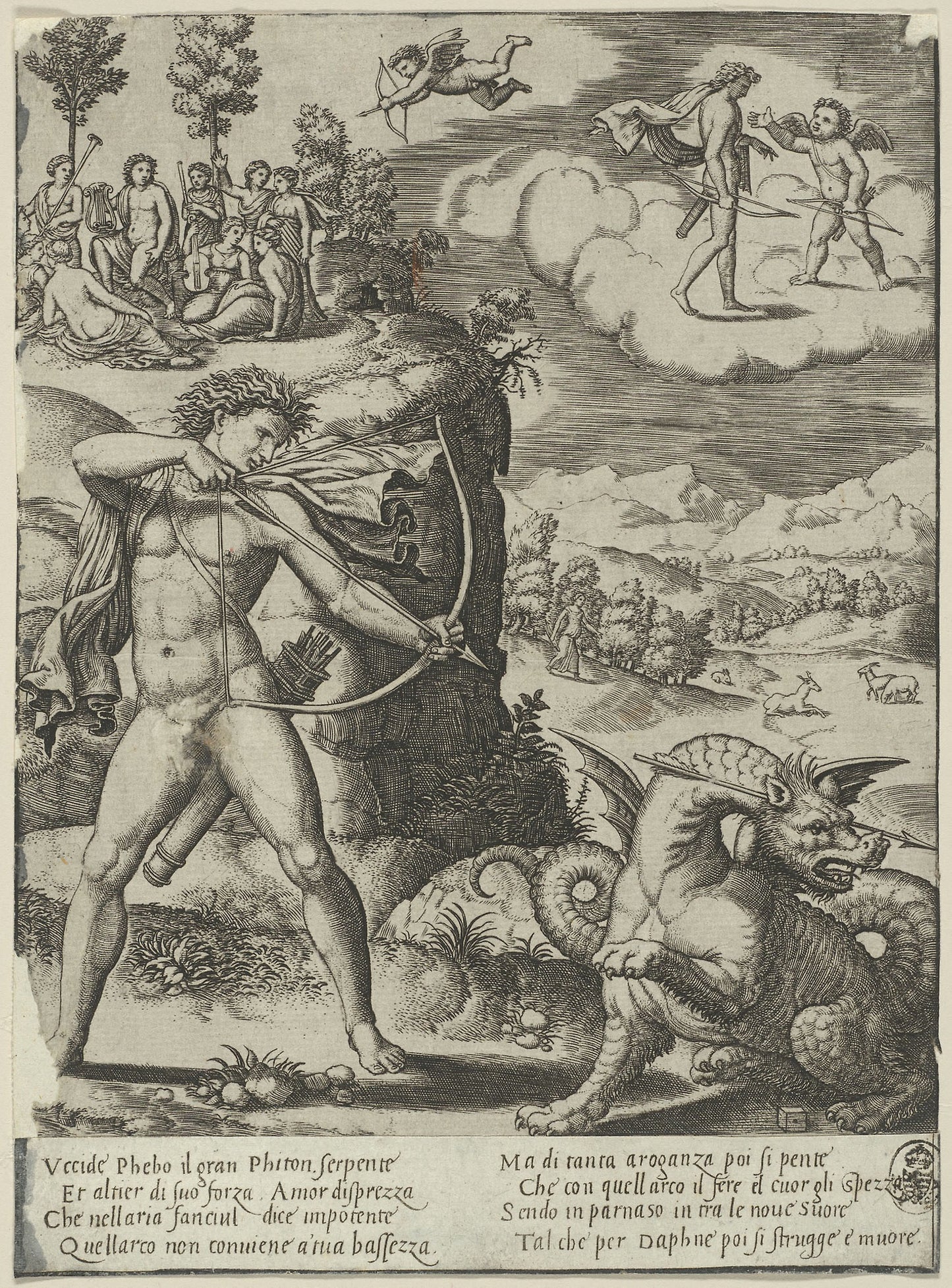 Apollo Slaying Python, plate one from The History of Apollo and Daphne - Master of the Die (Italian, active c. 1530-1560), Poster Print Wall Art