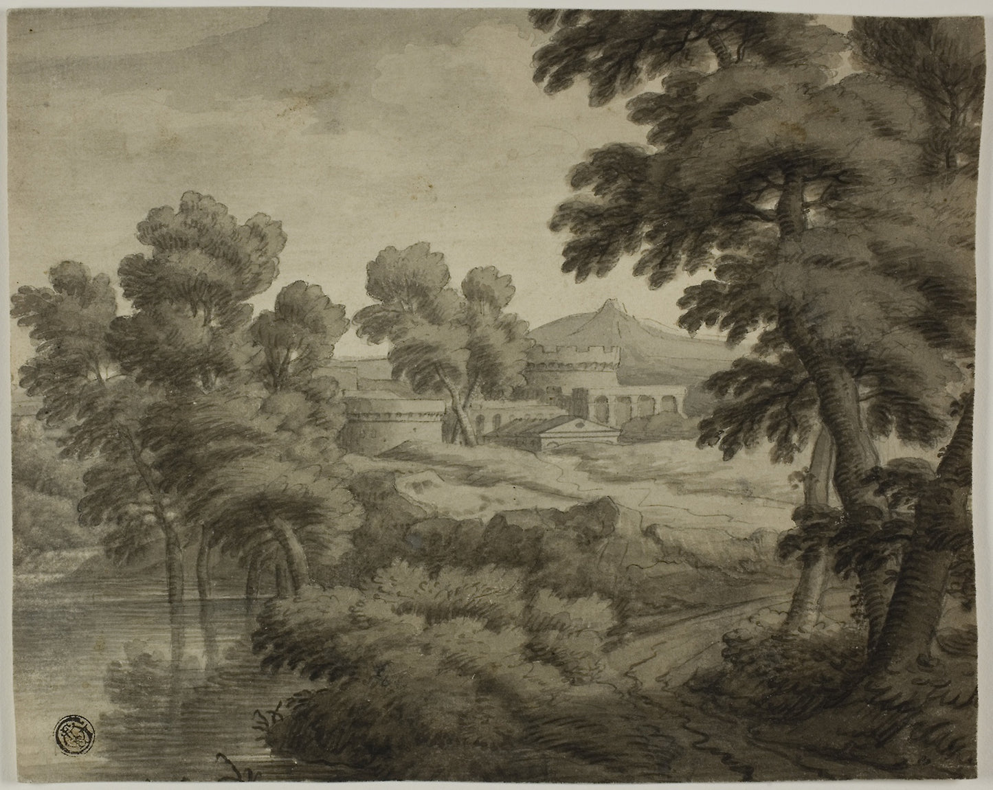 Italianate Landscape with Castle, Trees and Water in Foreground - School of Nicolas Poussin, Poster Print Wall Art