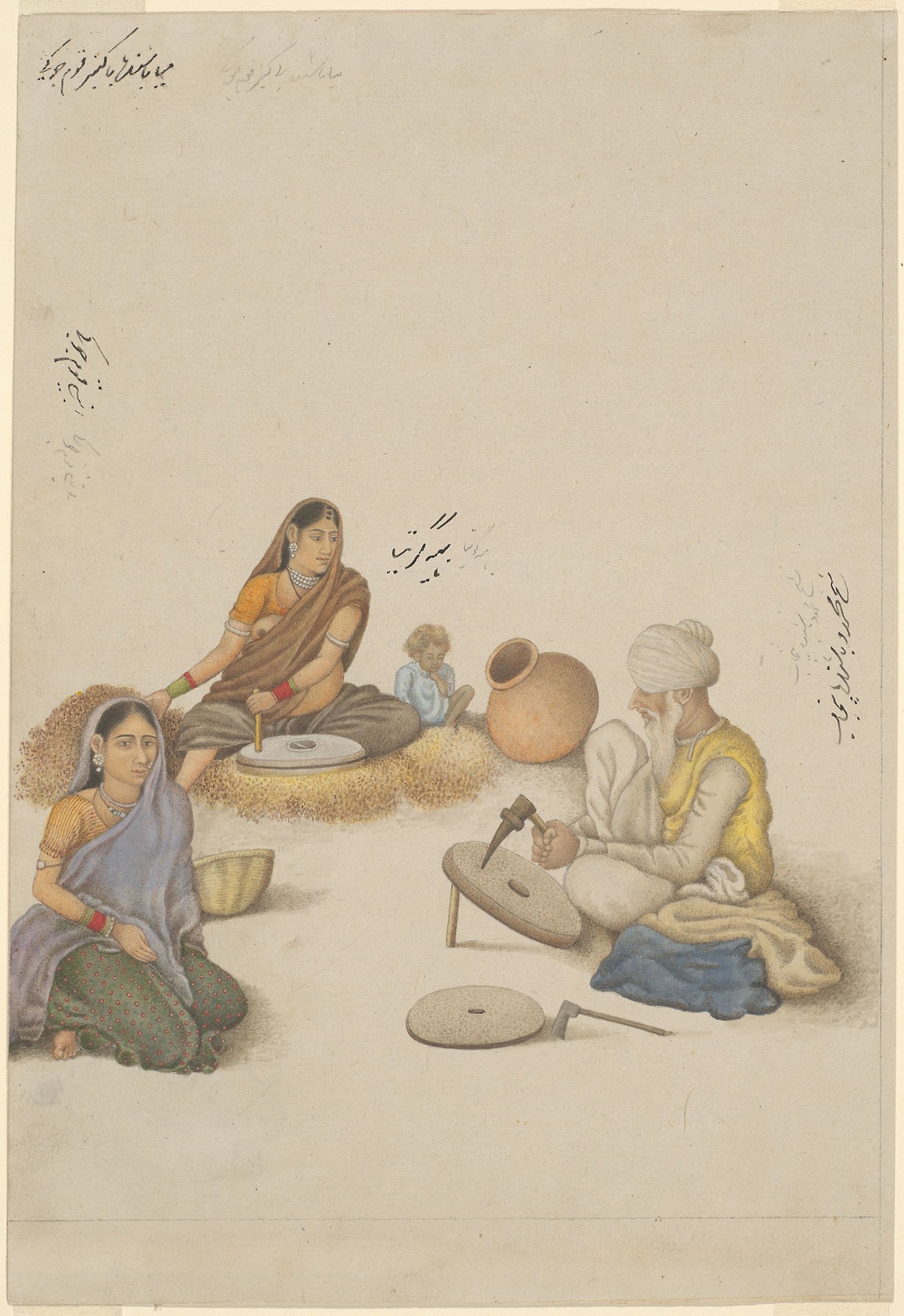 Villagers Grinding Corn, page from the Fraser Album - India, Delhi, Poster Print Wall Art