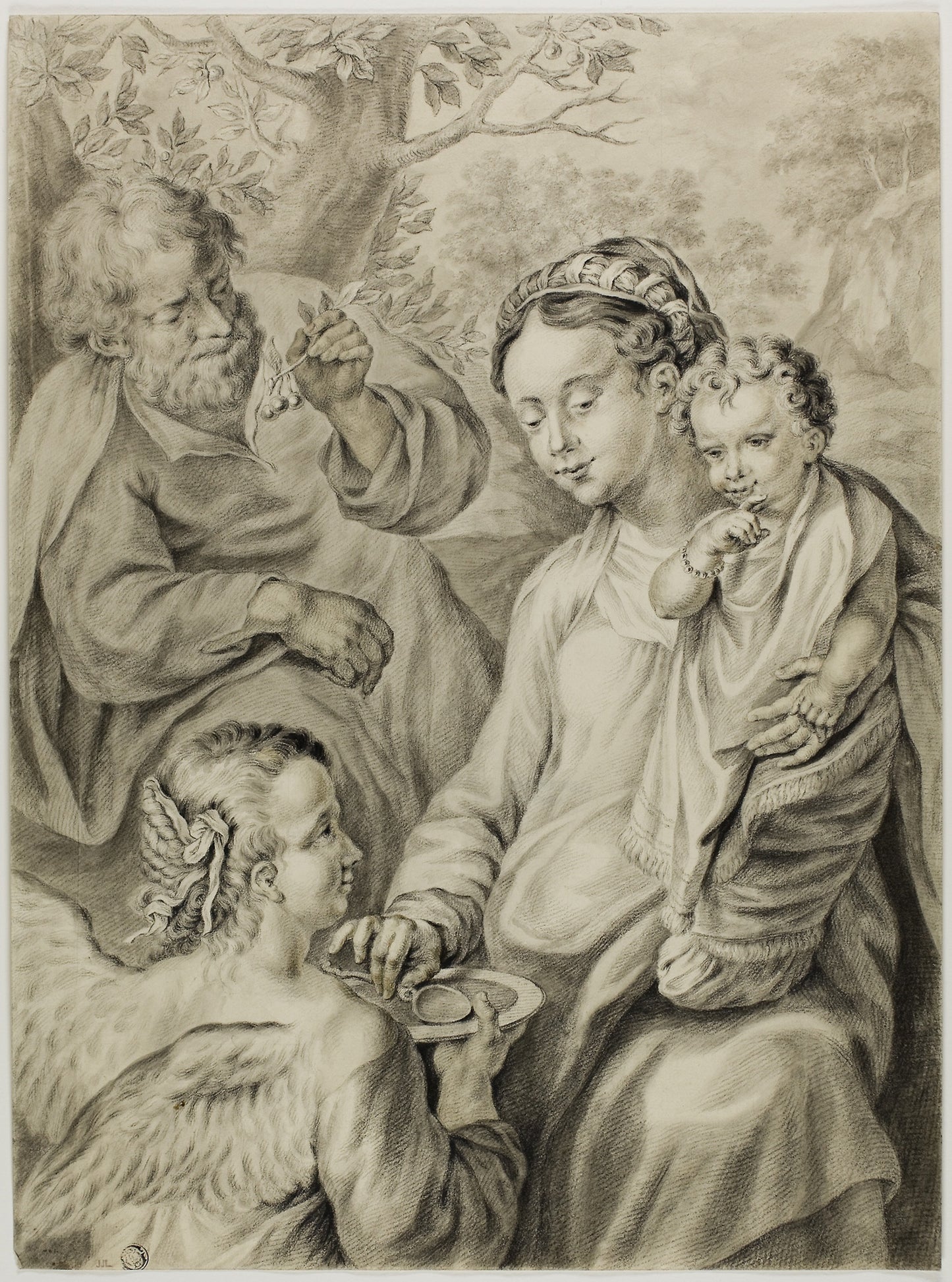 Virgin Feeding Porridge to the Christ Child, with Saint Joseph and Kneeling Angel: Abraham Delfos (Dutch, 1731-1820), Poster Print Wall Art