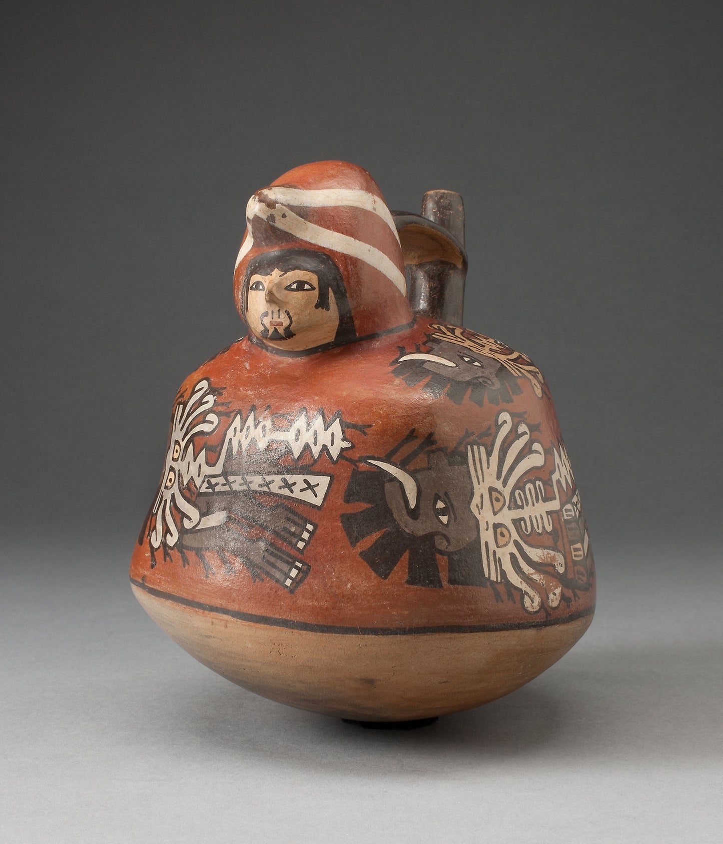 Stirrup Vessel in the Form of Figure with Abstract Motifs and Trophy Heads on Torso - Nazca, Poster Print Wall Art