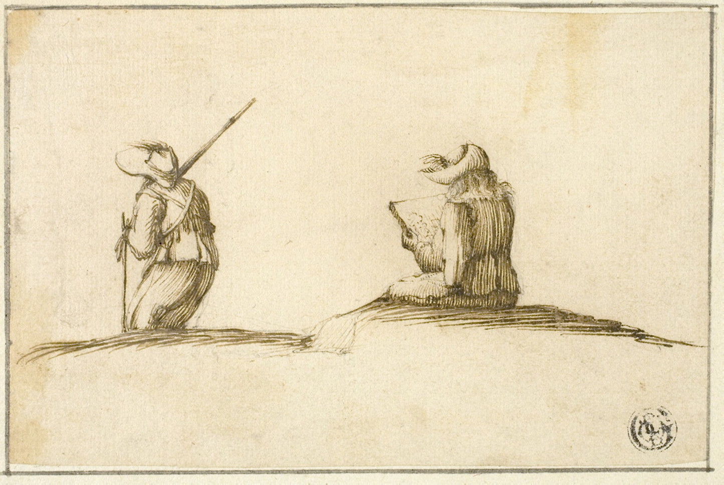 Artist Sketching, and Soldier, Both Seen from Back - after Stefano della Bella, Poster Print Wall Art