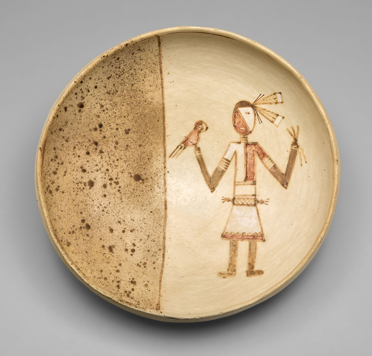 Bowl with a Design of Spattering and a Standing Figure Holding a Macaw - Hopi, Sikyatki Polychrome, Poster Print Wall Art
