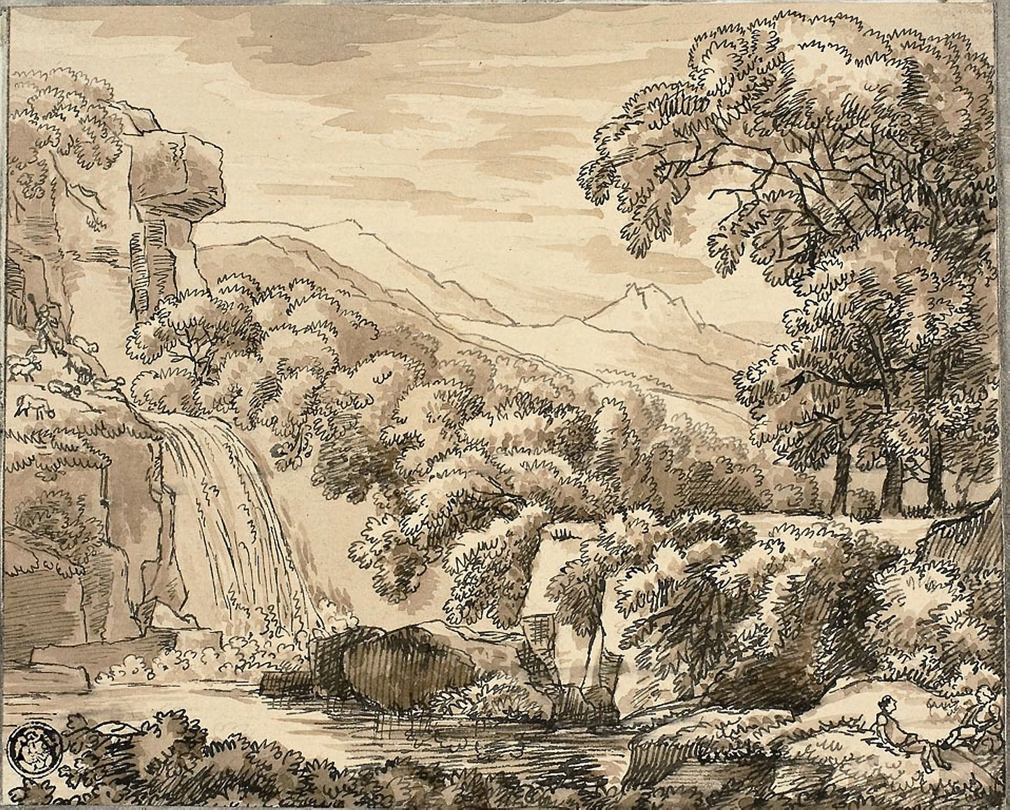 Mountain Landscape with Waterfall and Figures - Carl August Lebschée, Poster Print Wall Art