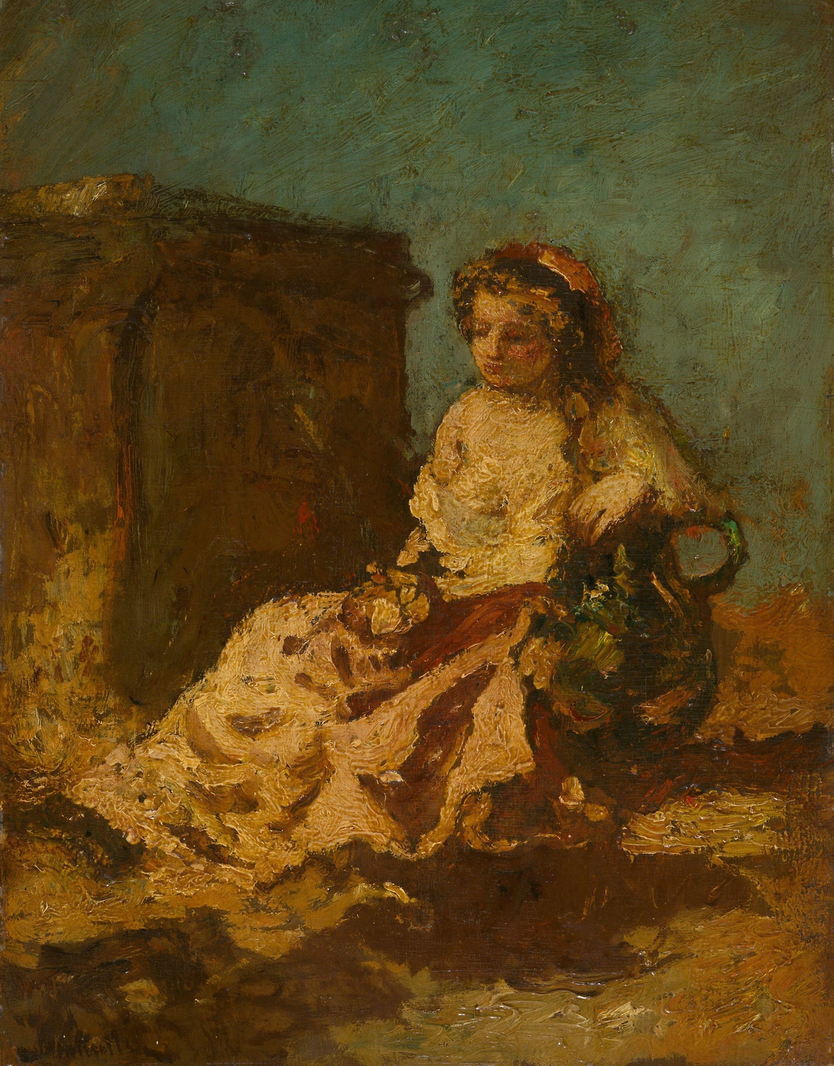 Meditation (Seated Woman): Adolphe-Joseph-Thomas Monticelli,16x12"(A3) Poster
