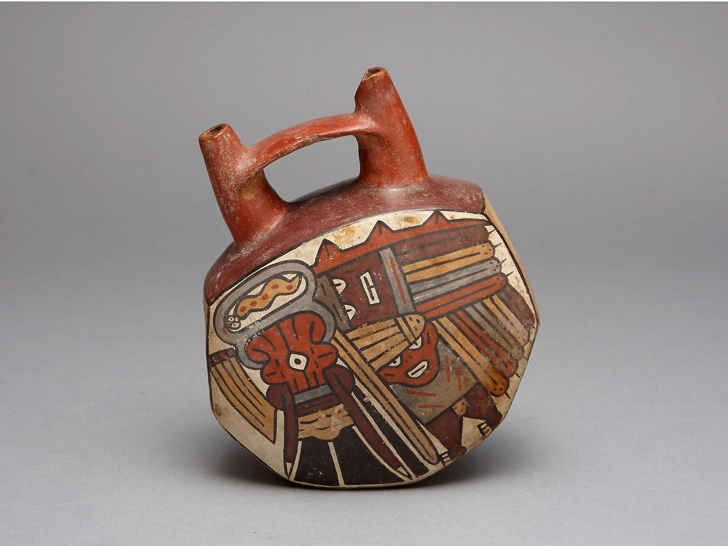 Geometric Bridge Vessel Depicting Ritual Performer Wearing Abstract Bird Costume - Nazca, Poster Print Wall Art