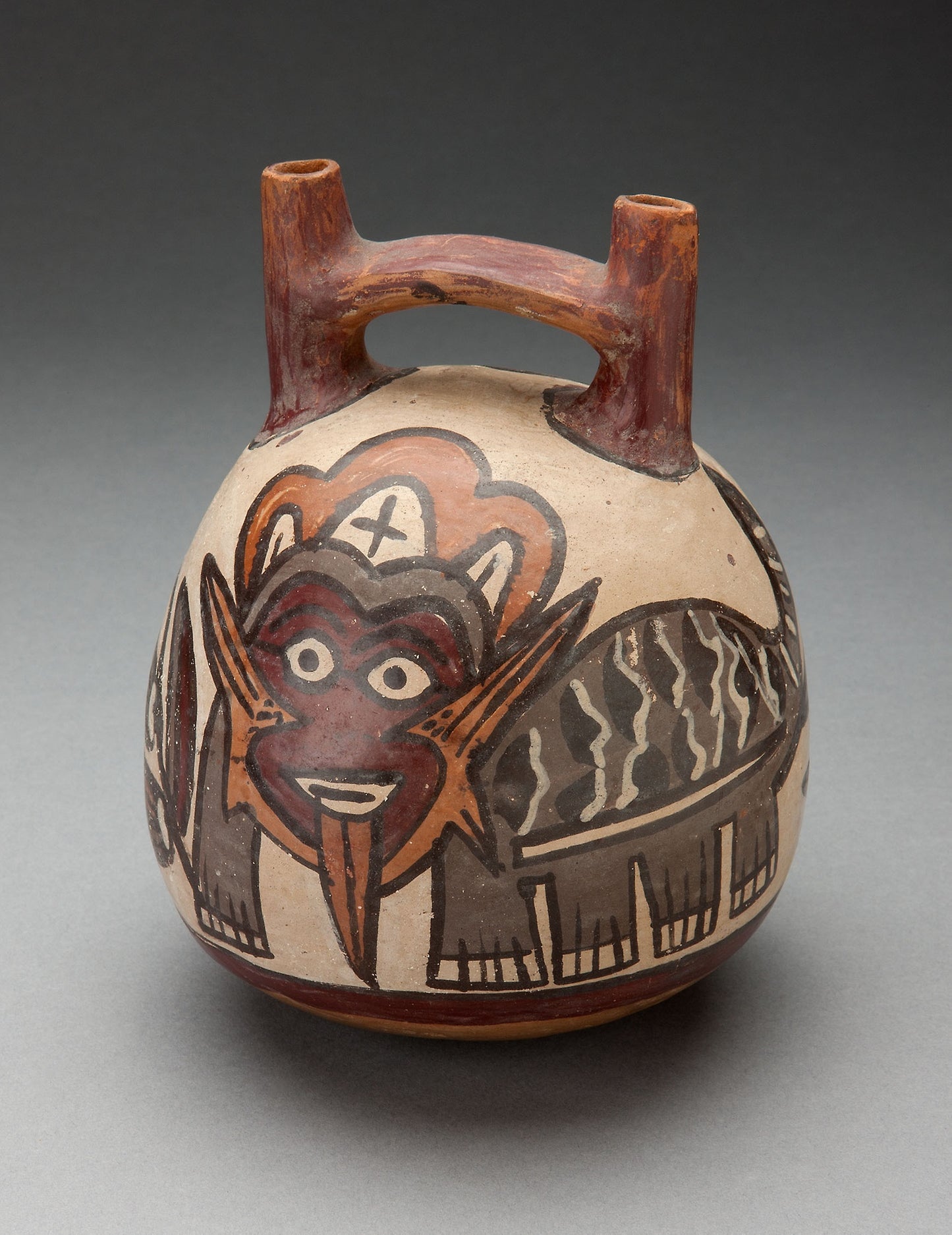 Double Spout Vessel Depicting Costumed Figure with Feline Attributes - Nazca, Poster Print Wall Art