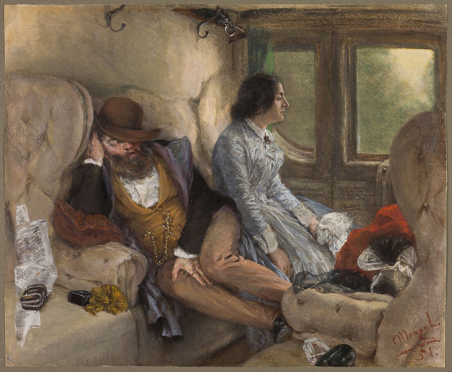 In a Railway Carriage (After a Night's Journey): Adolph Menzel, Poster Print Wall Art