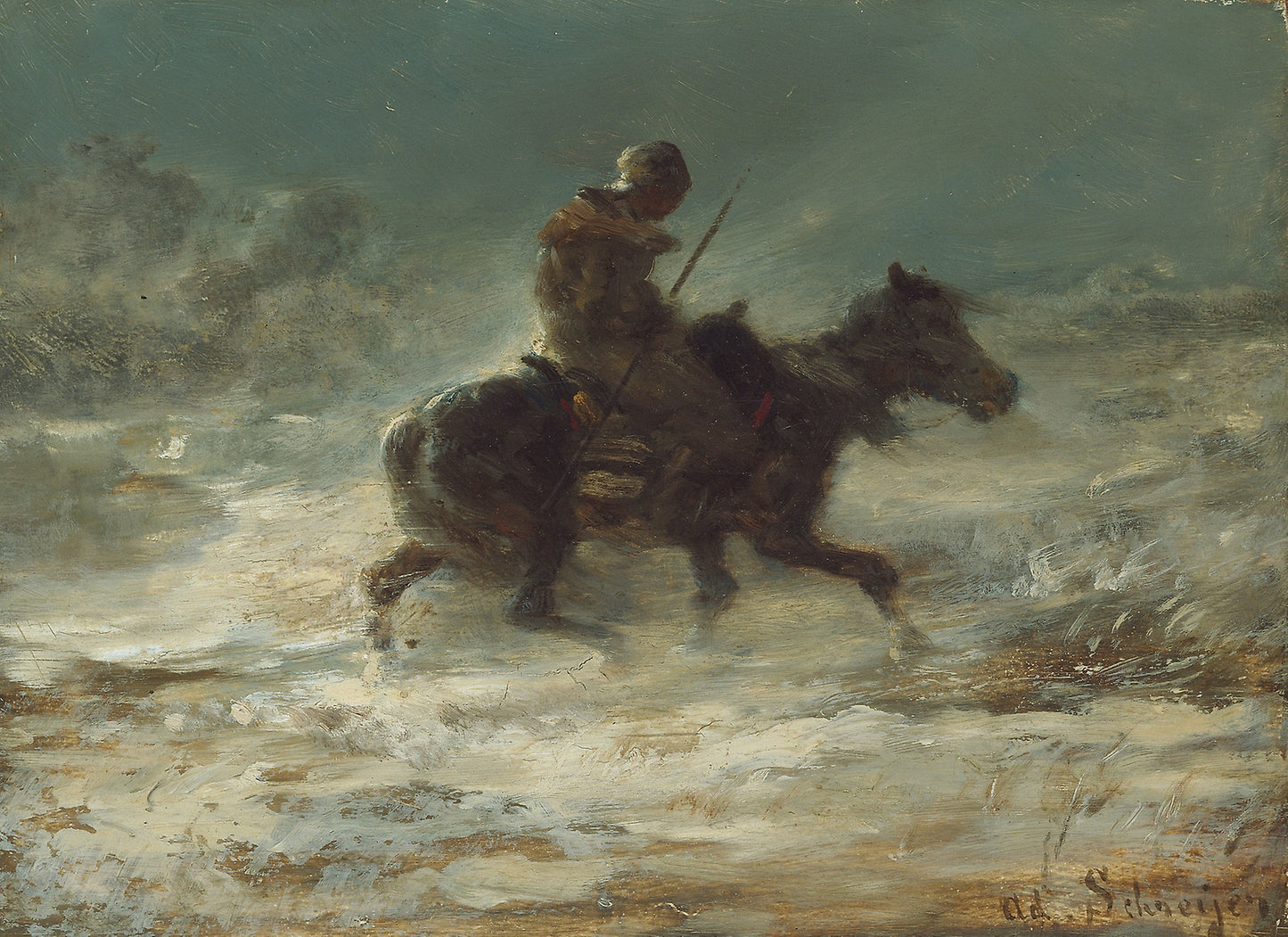 Man with Lance Riding through the Snow: Adolphe Schreyer, Poster Print Wall Art