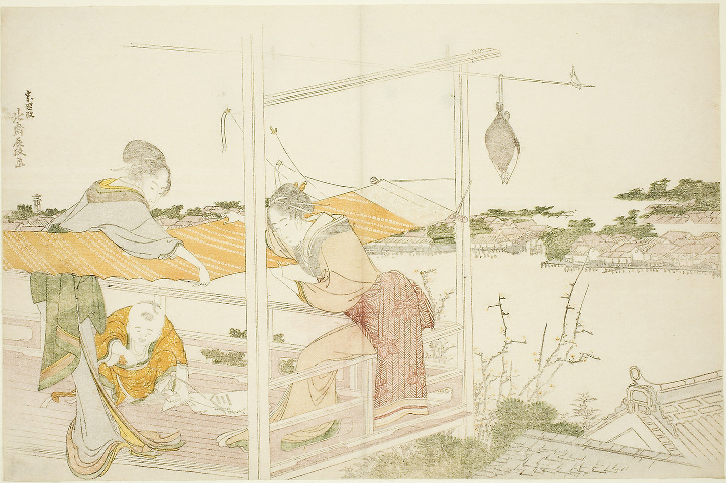 Women on a Veranda Stretching Cloth to Dry - Katsushika Hokusai ?? ??, Poster Print Wall Art