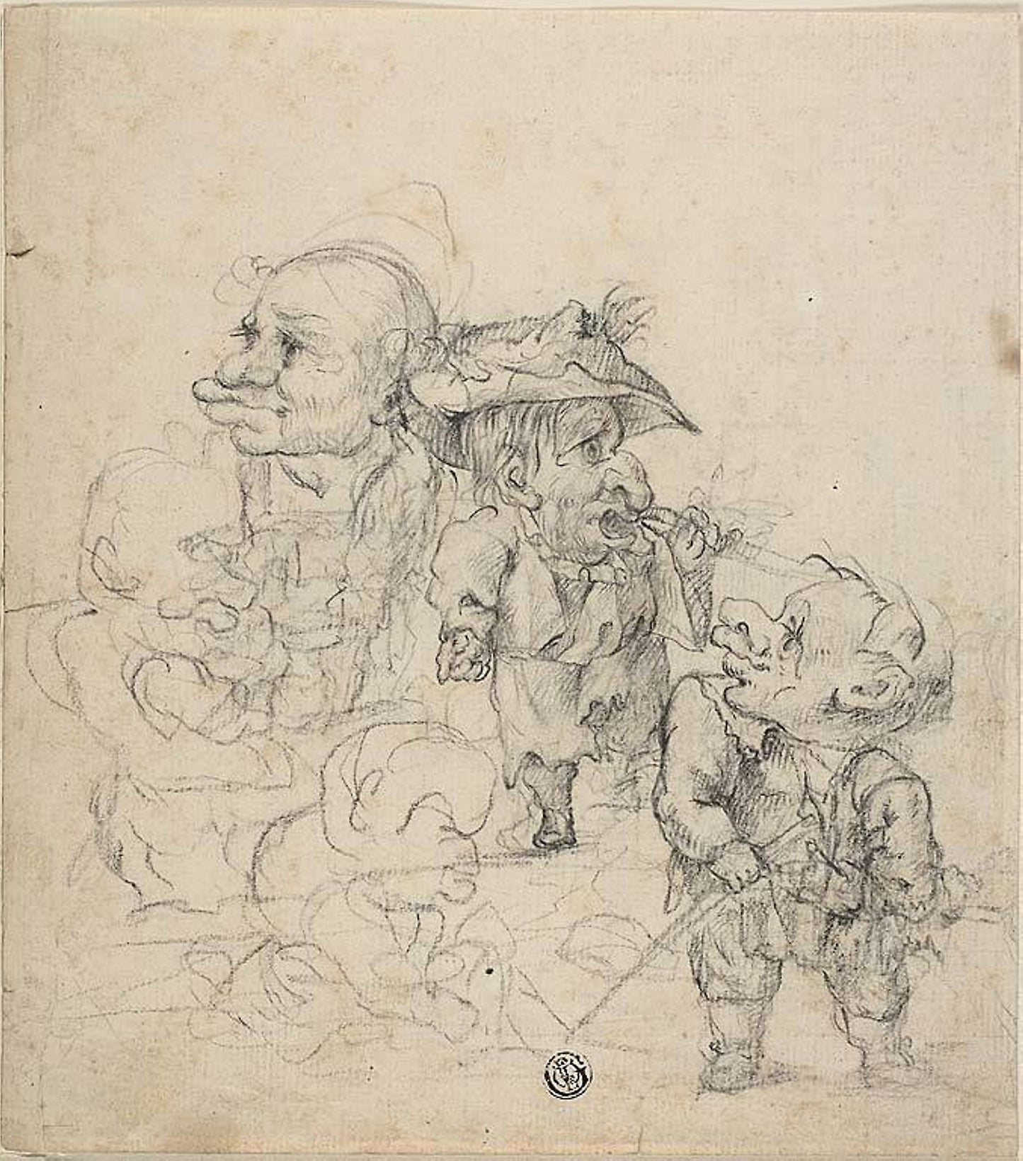 Five Caricatures of Men (recto); Sketch of Male Figure and Bird (verso) - Follower of Faustino Bocchi (Italian, 1659-1742), Poster Print Wall Art