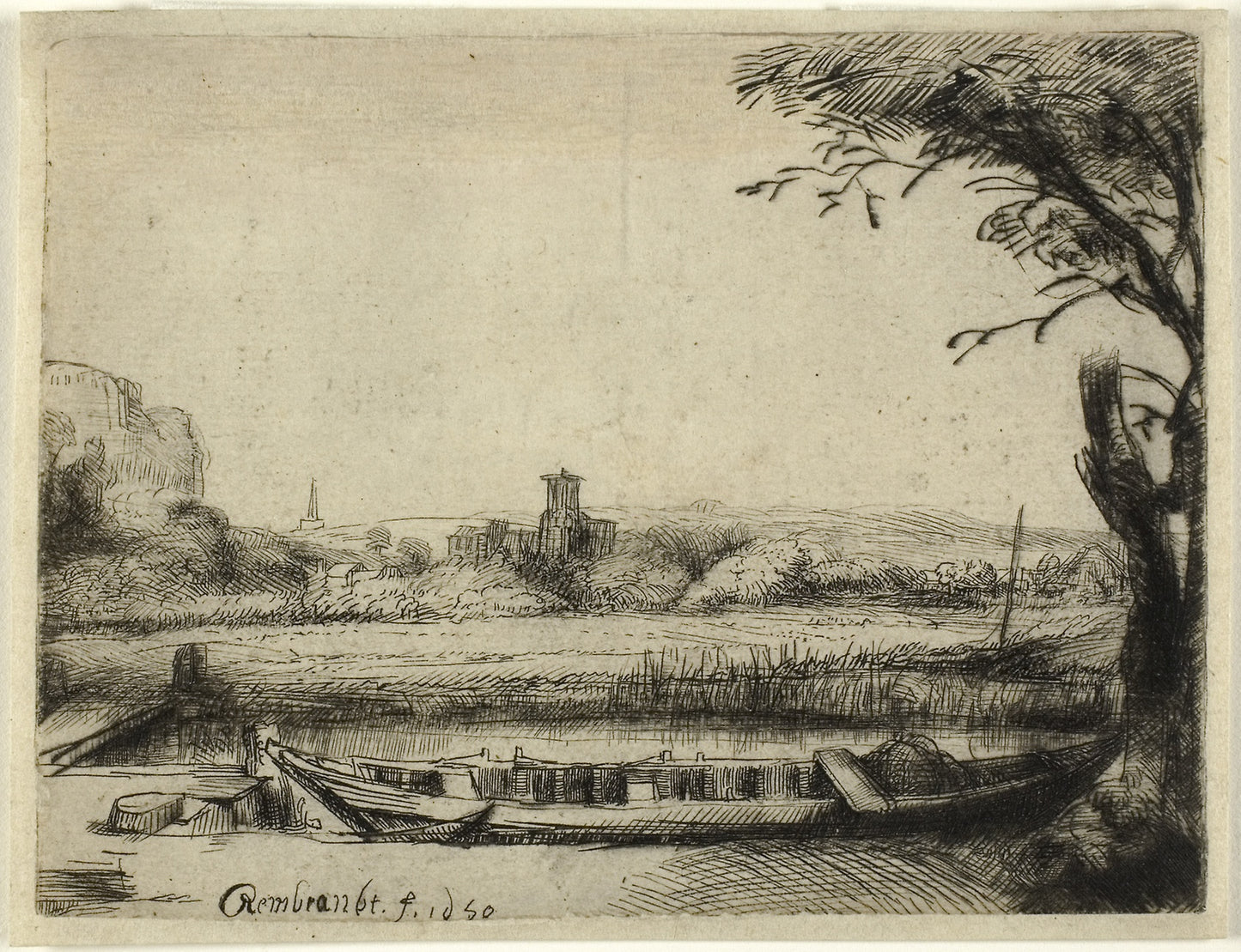 Canal with a Large Boat and a Bridge - Rembrandt van Rijn, Poster Print Wall Art