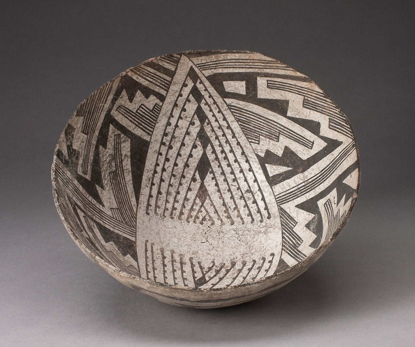 Bowl with Large Diamond-Shaped Area Interior with Dotted Lines and Diamonds, and Interlocking Stepped Motifs - Ancestral Pueblo (Anasazi), possibly St. John's Black-on-white, Poster Print Wall Art
